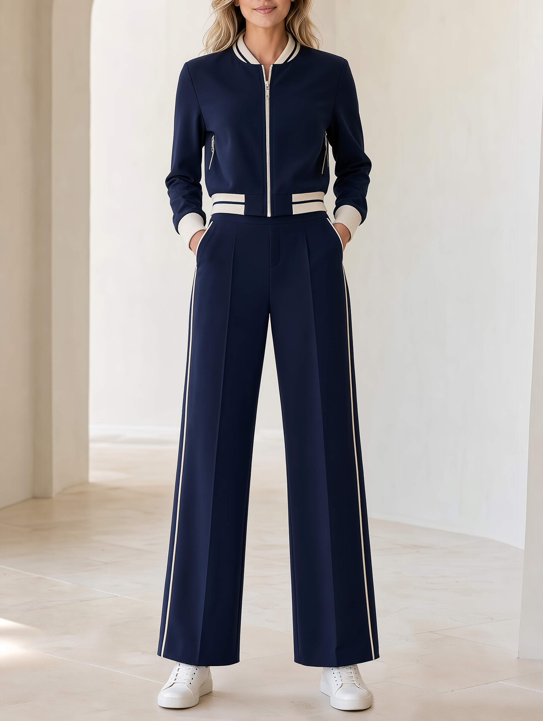 Navy Blue Varsity Jacket And Wide-leg Trousers Set