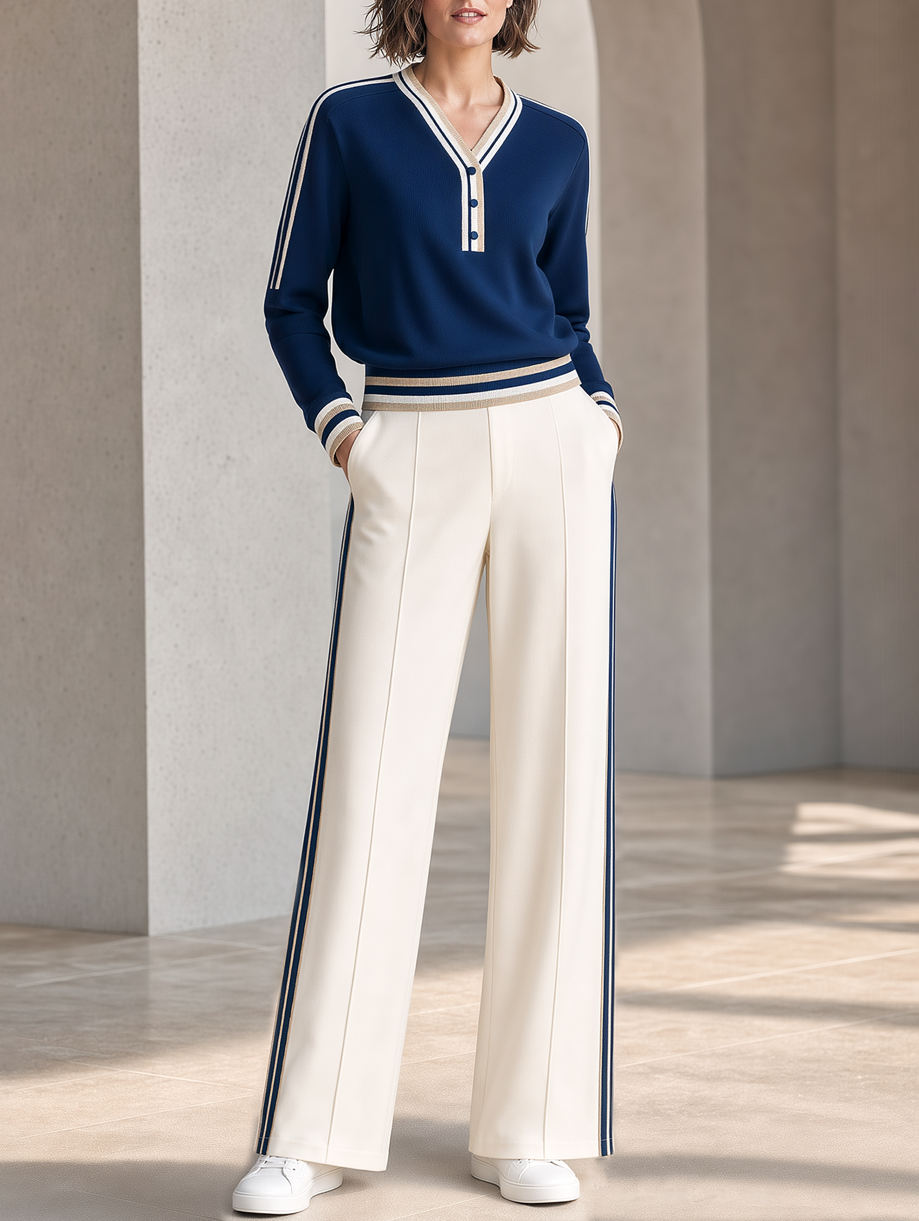 Navy Blue Half-button Top And White Wide-leg Trousers Set