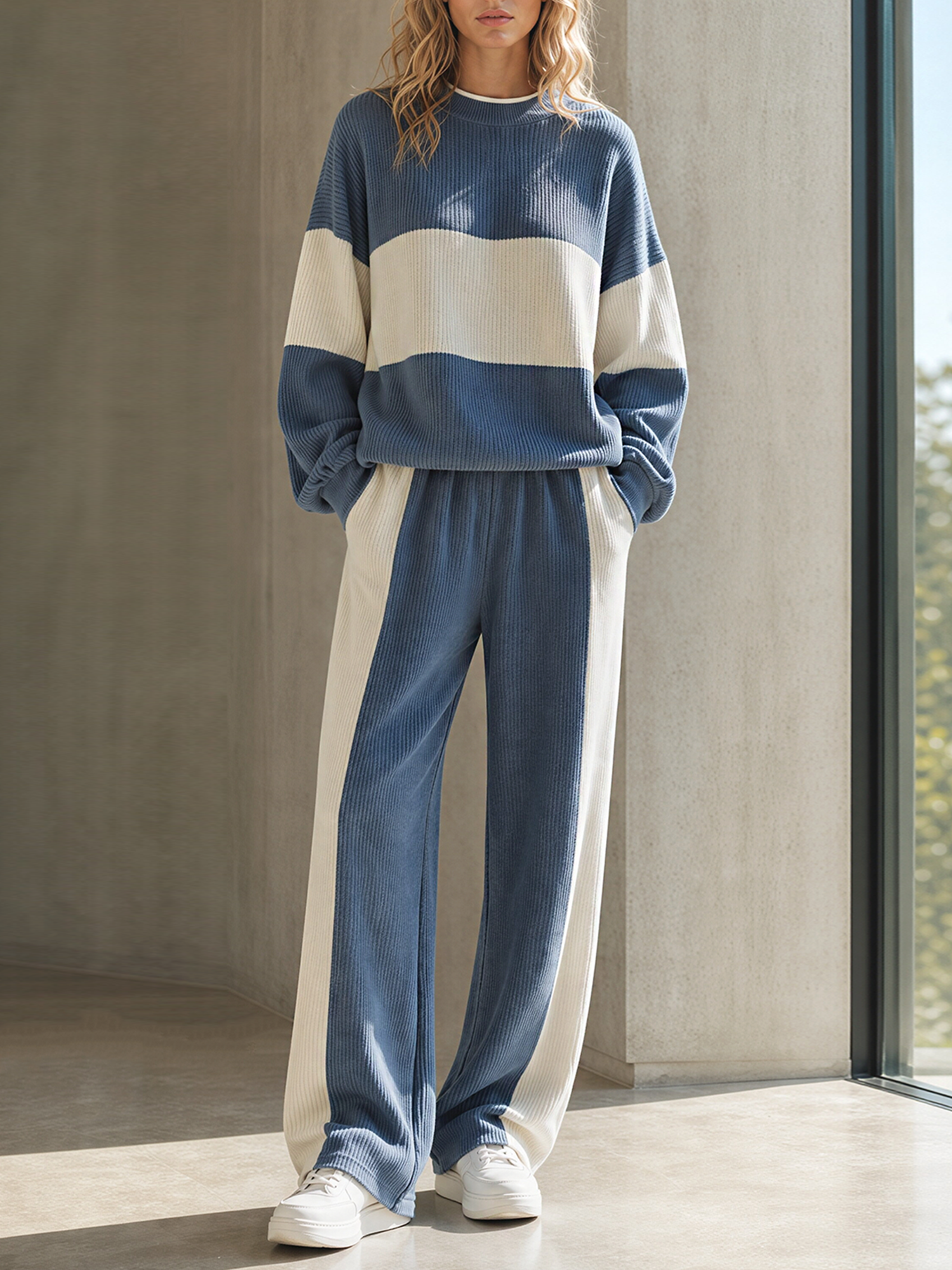 Blue Color-block Ribbed Crew-neck Top And Wide-leg Trousers Set