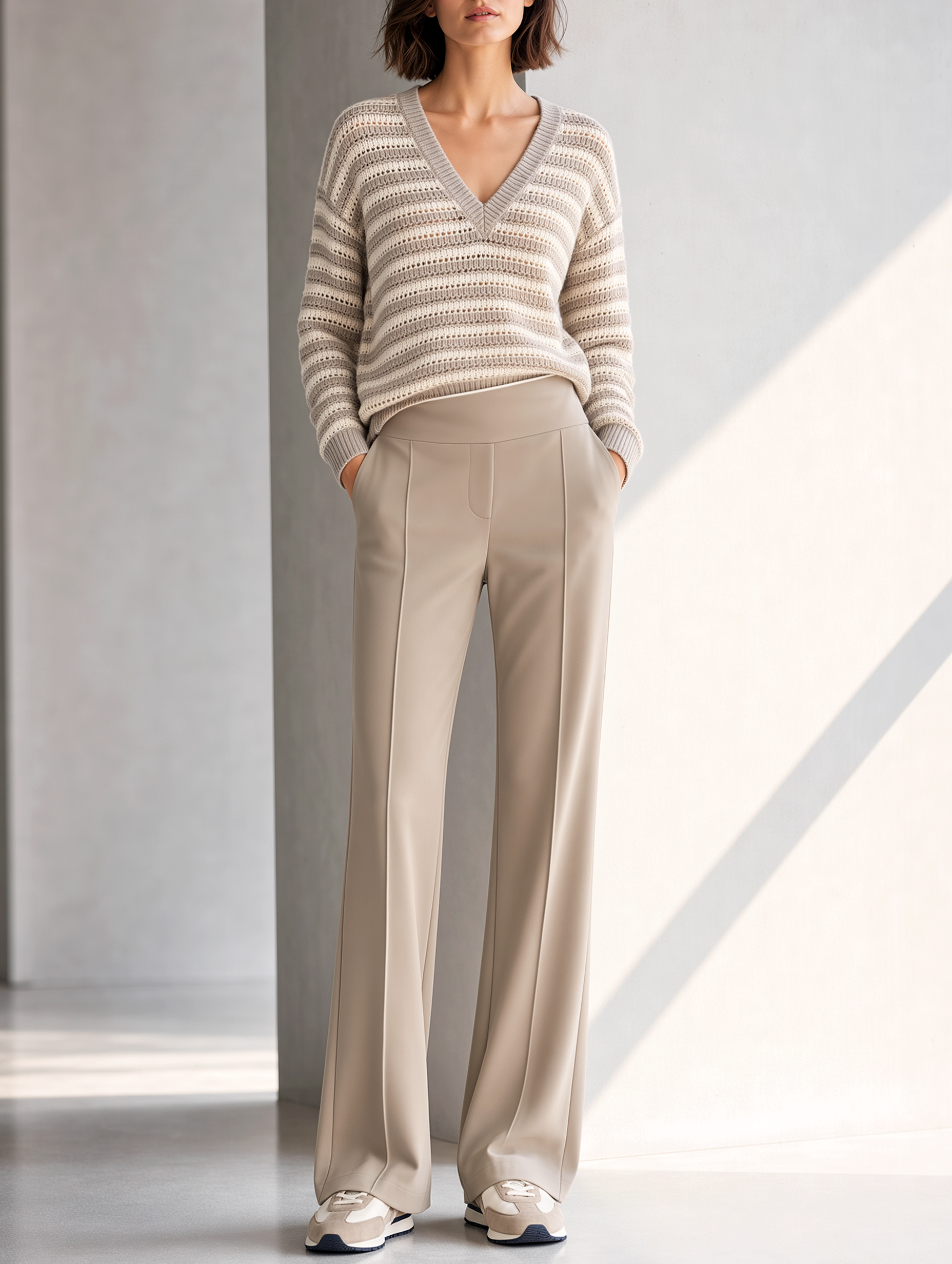 Striped Cutout Knit Top And Khaki Wide-leg Trousers Set