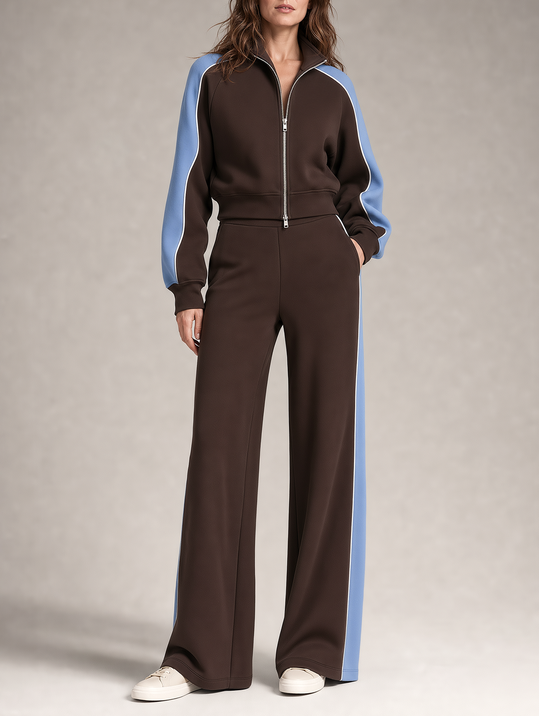 Brown Raglan-sleeve Zip-up Jacket And Wide-leg Trousers Set