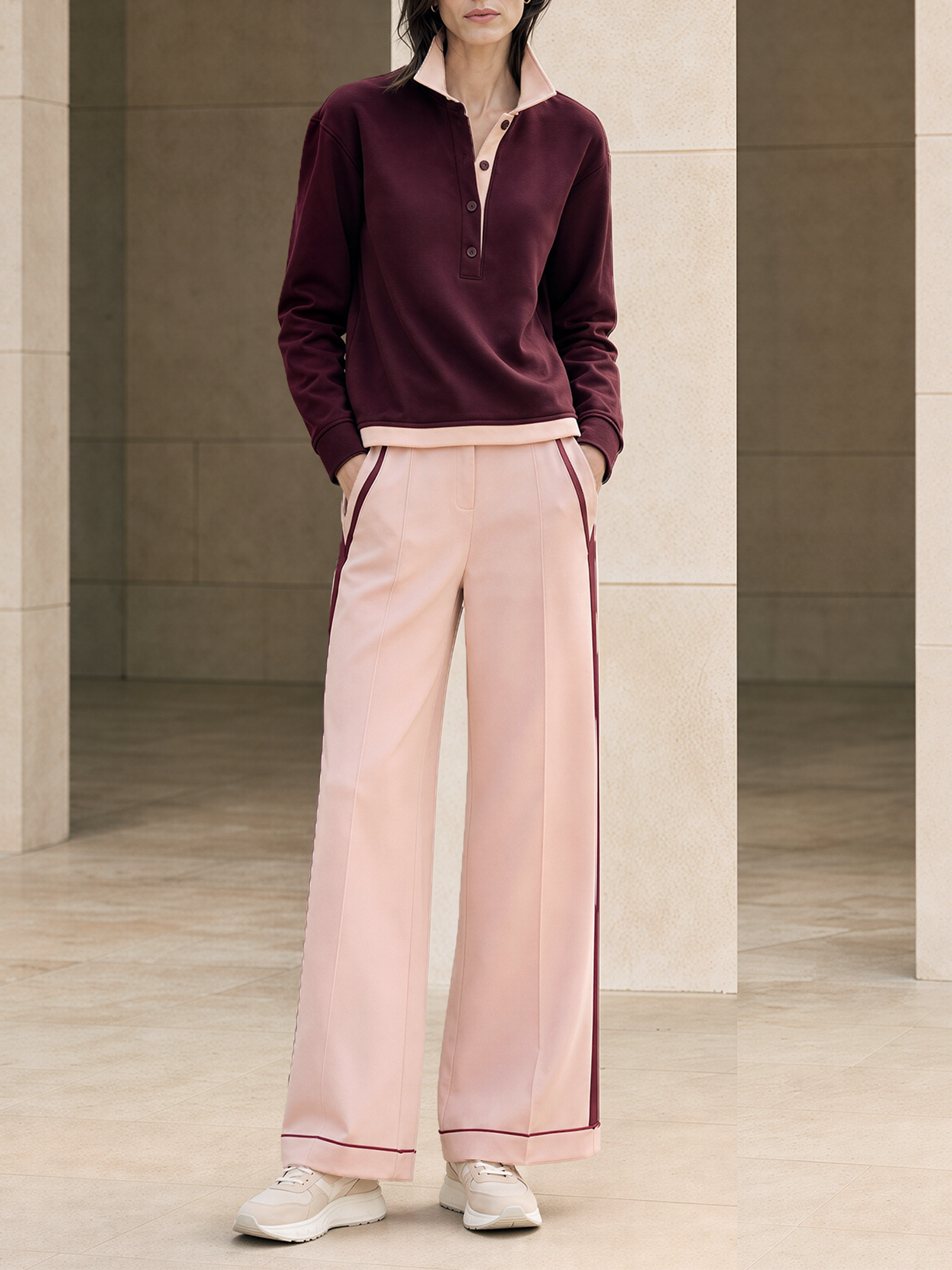 Burgundy And Pink Color-block Half-placket Top And Wide-leg Trousers Set