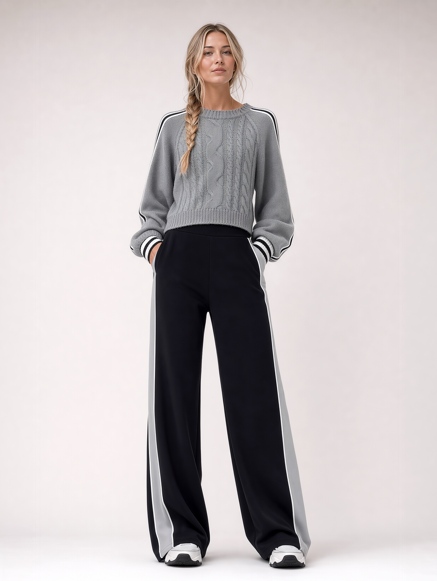 Grey Cable-knit Sweater And Striped Wide-leg Trousers Set