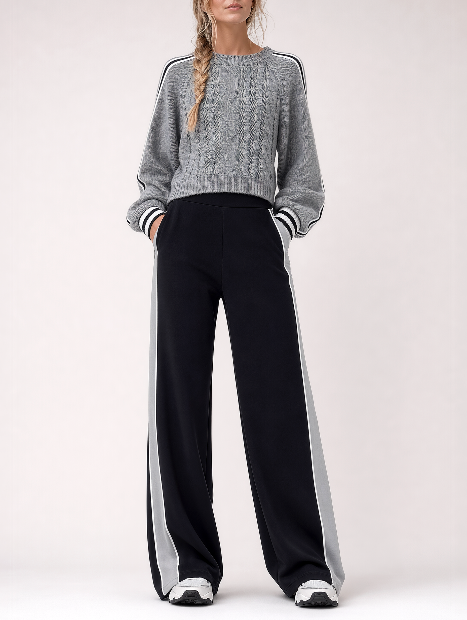 Grey Cable-knit Sweater And Striped Wide-leg Trousers Set