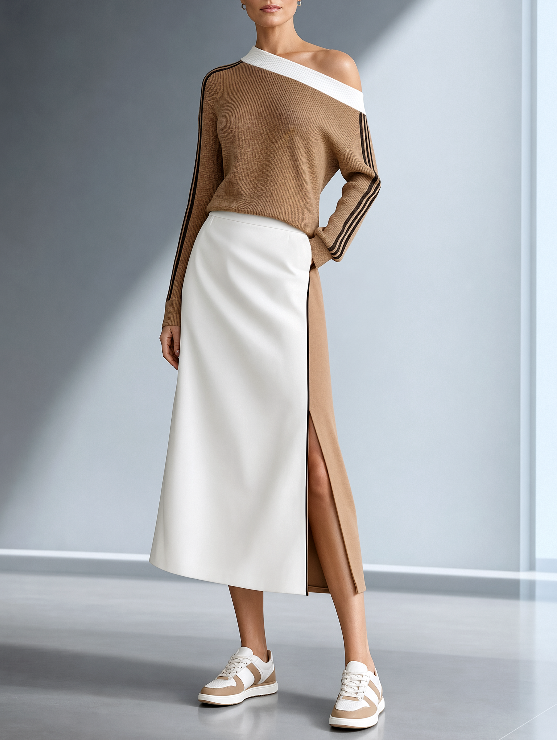 Caramel Off-shoulder Knit Top And Color-block Skirt Set