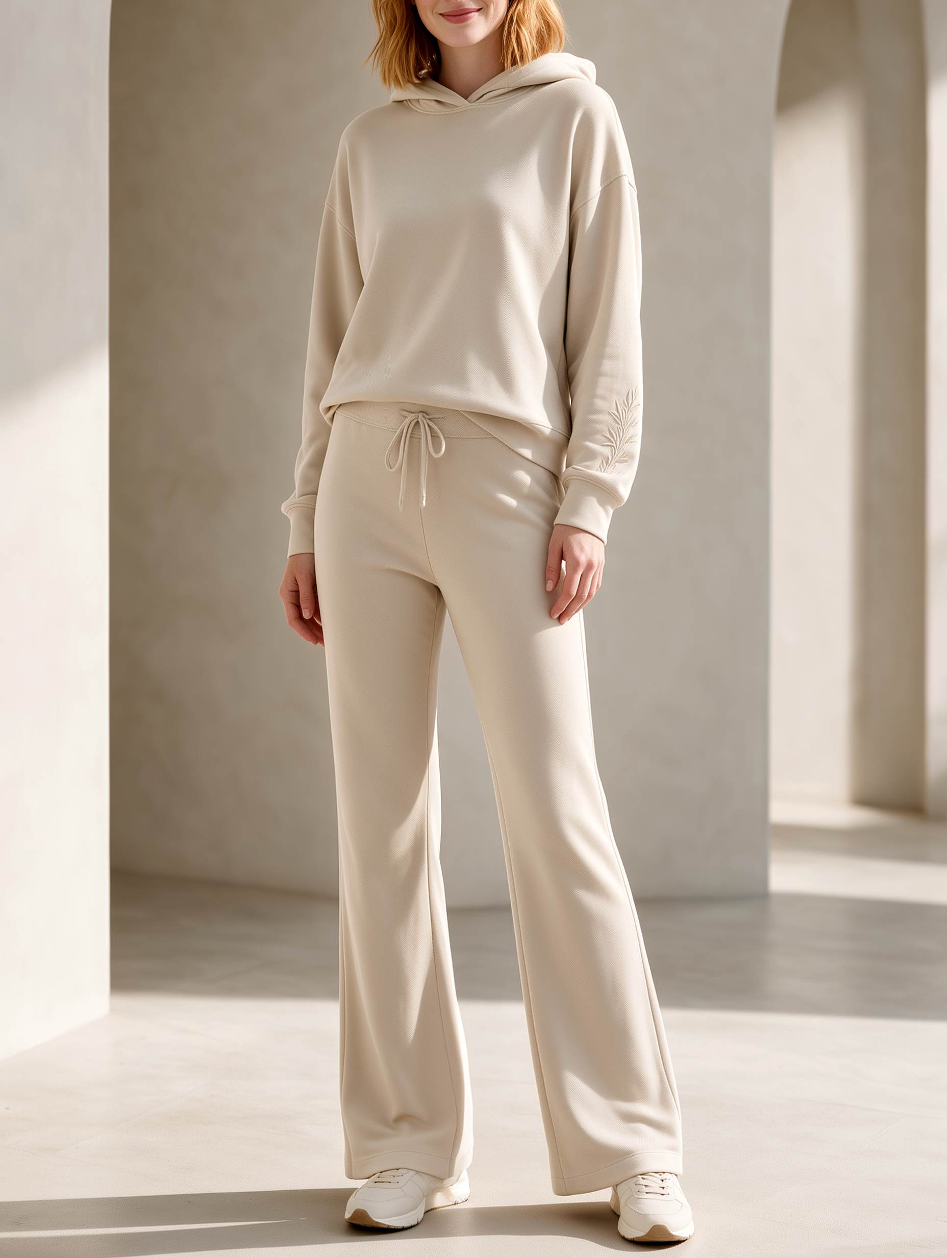 Beige Hooded Embroidered Top And Slight-flare Trousers SetSet