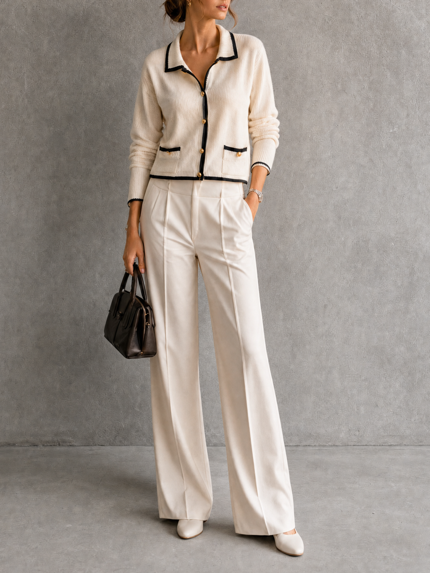 Women’s Contrast-Trim Collared Knit Cardigan  Set