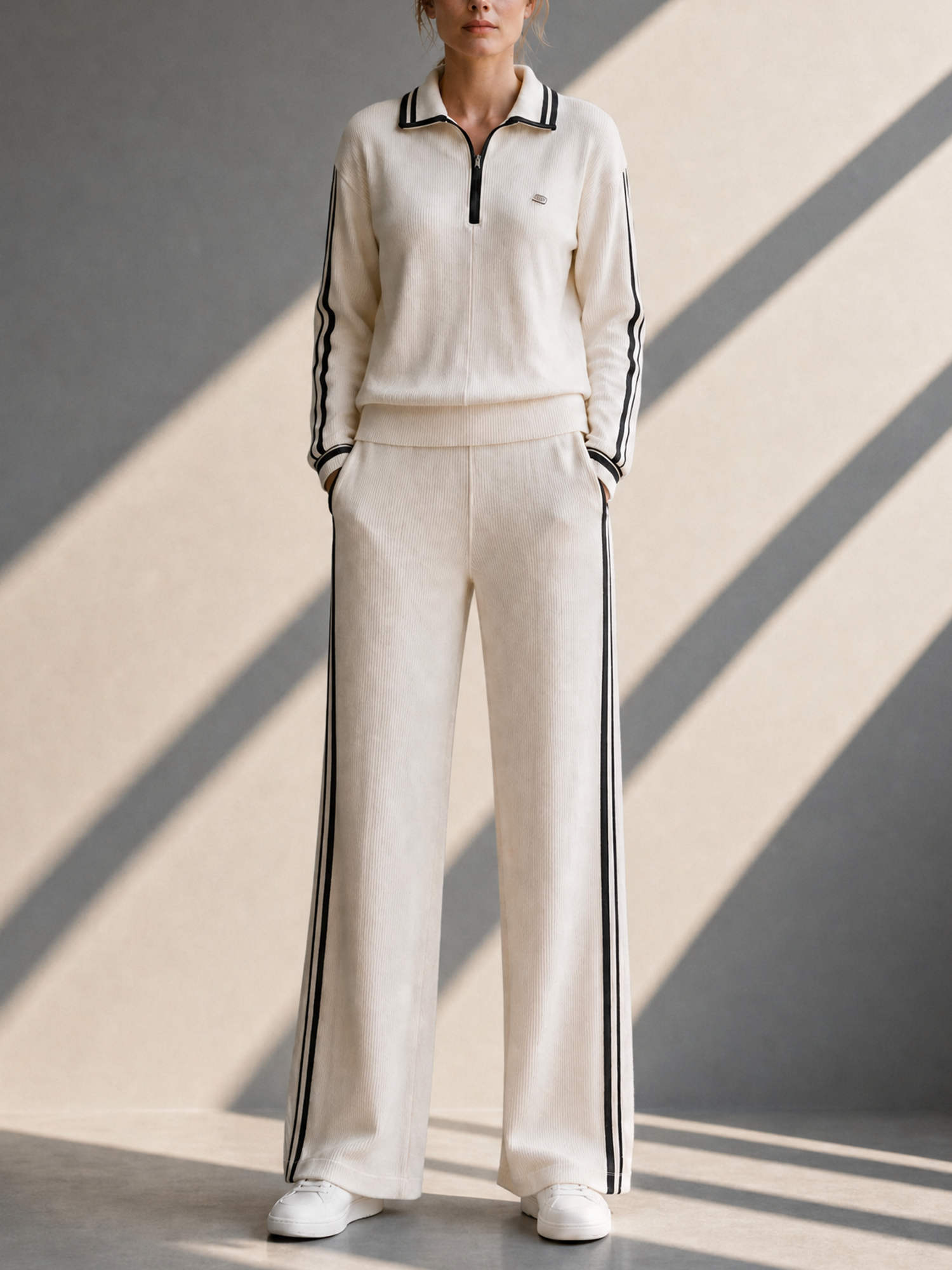 Women’s  Contrast-Trim Collared Knit Cardigan and Wide-Leg Pants Set