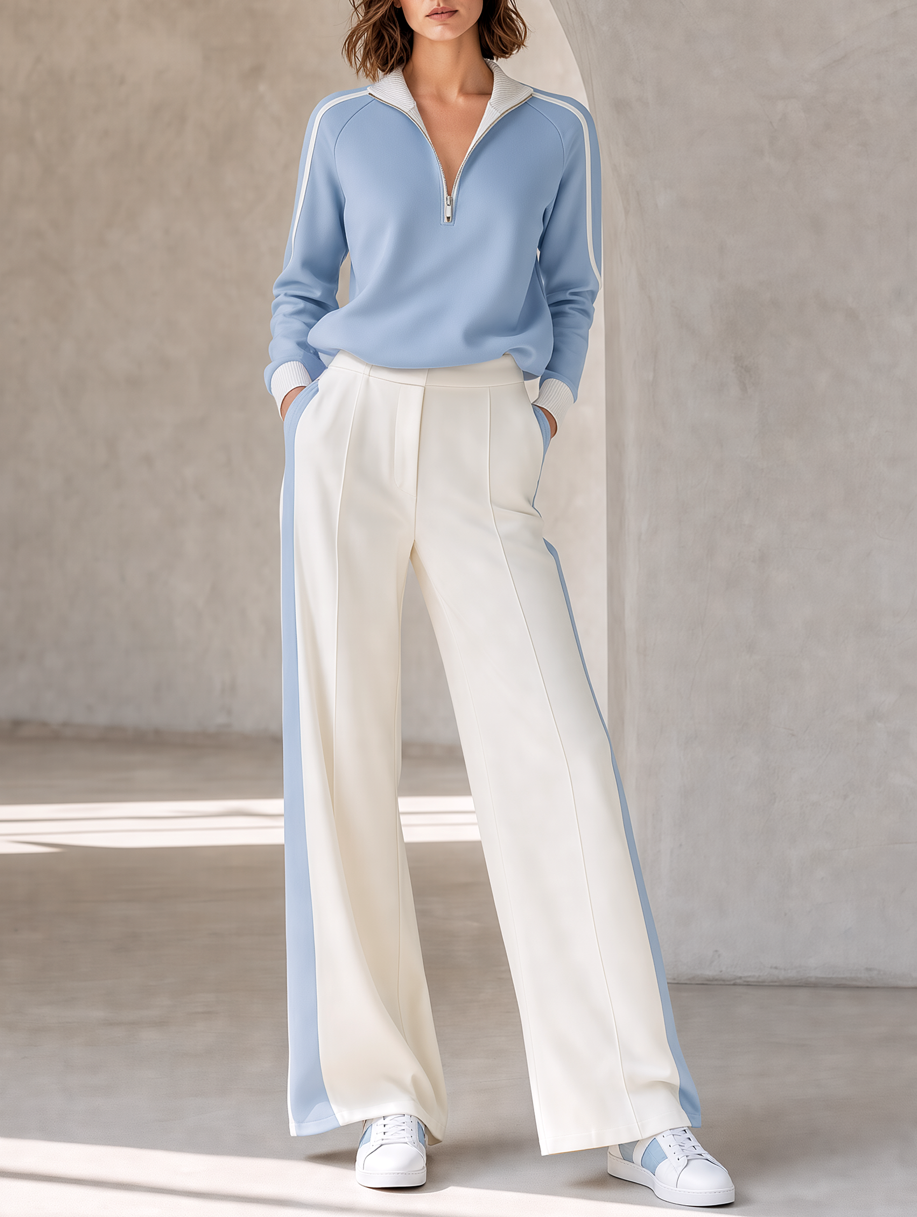 Women's Half-Zip Colorblock Sweatshirt & Wide-Leg Pants Set