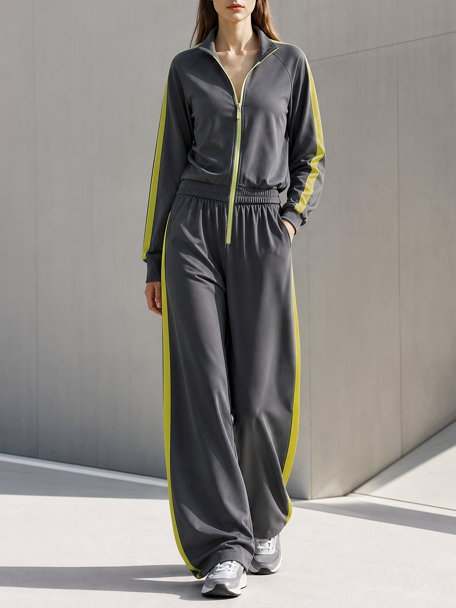 Dark Grey Color-Block Striped Jumpsuit With Zipper And Elastic Waist