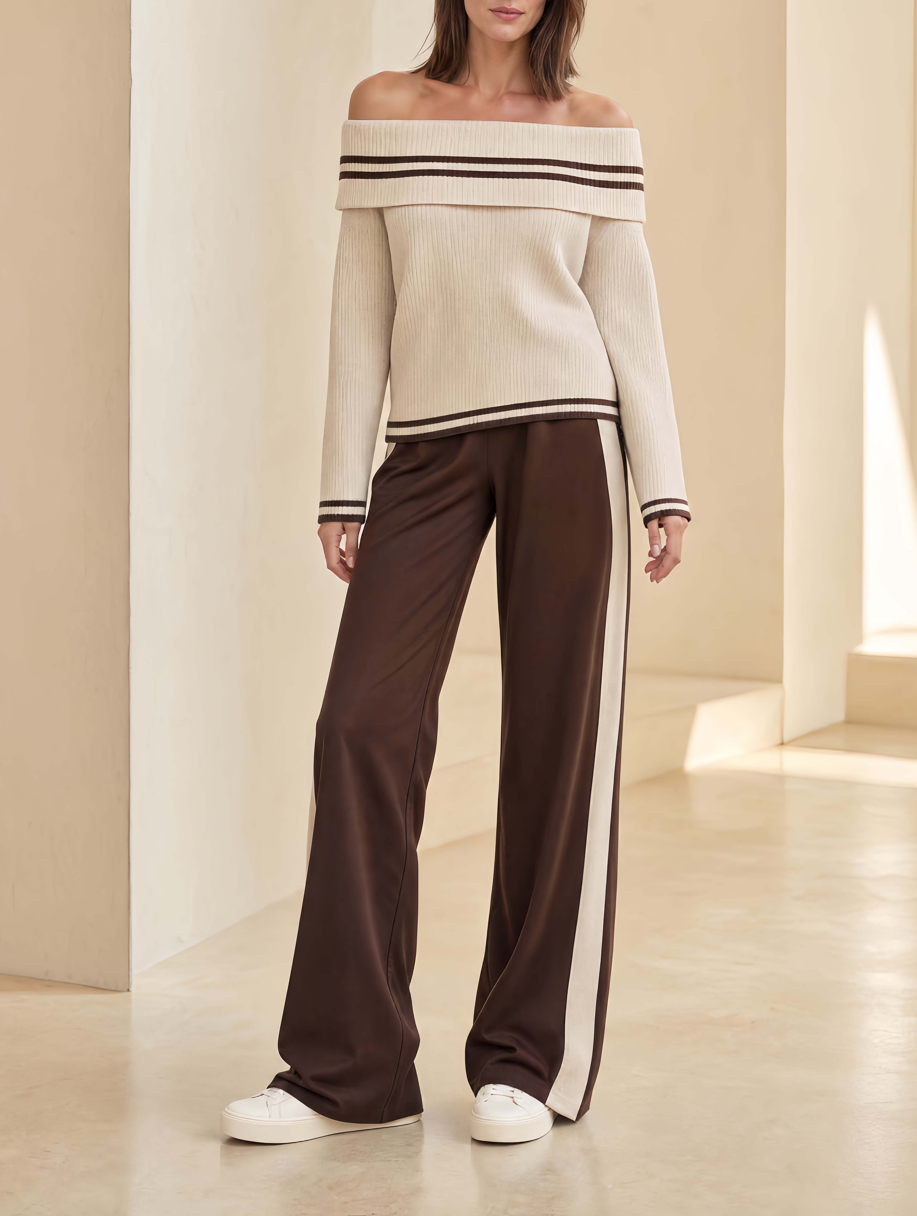 Casual-chic Khaki Long-sleeve Off-shoulder Sweater And Trousers Set