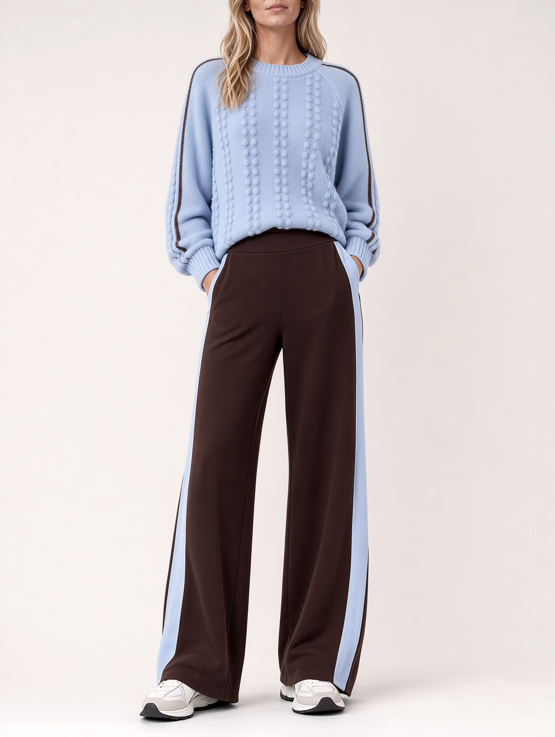 Light Blue Cable Knit Sweater & Brown Wide Leg Pants 2 Piece Set