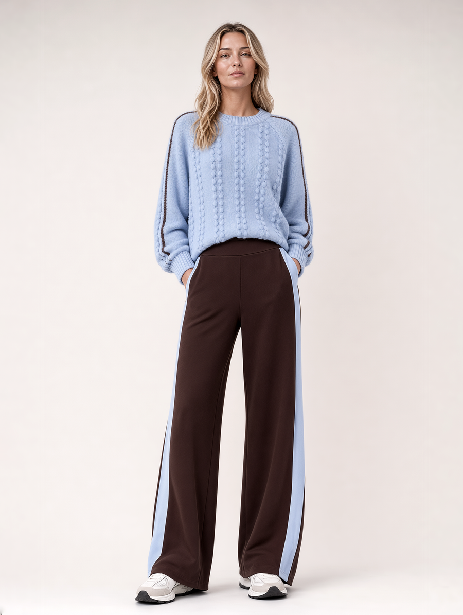 Light Blue Cable Knit Sweater & Brown Wide Leg Pants 2 Piece Set