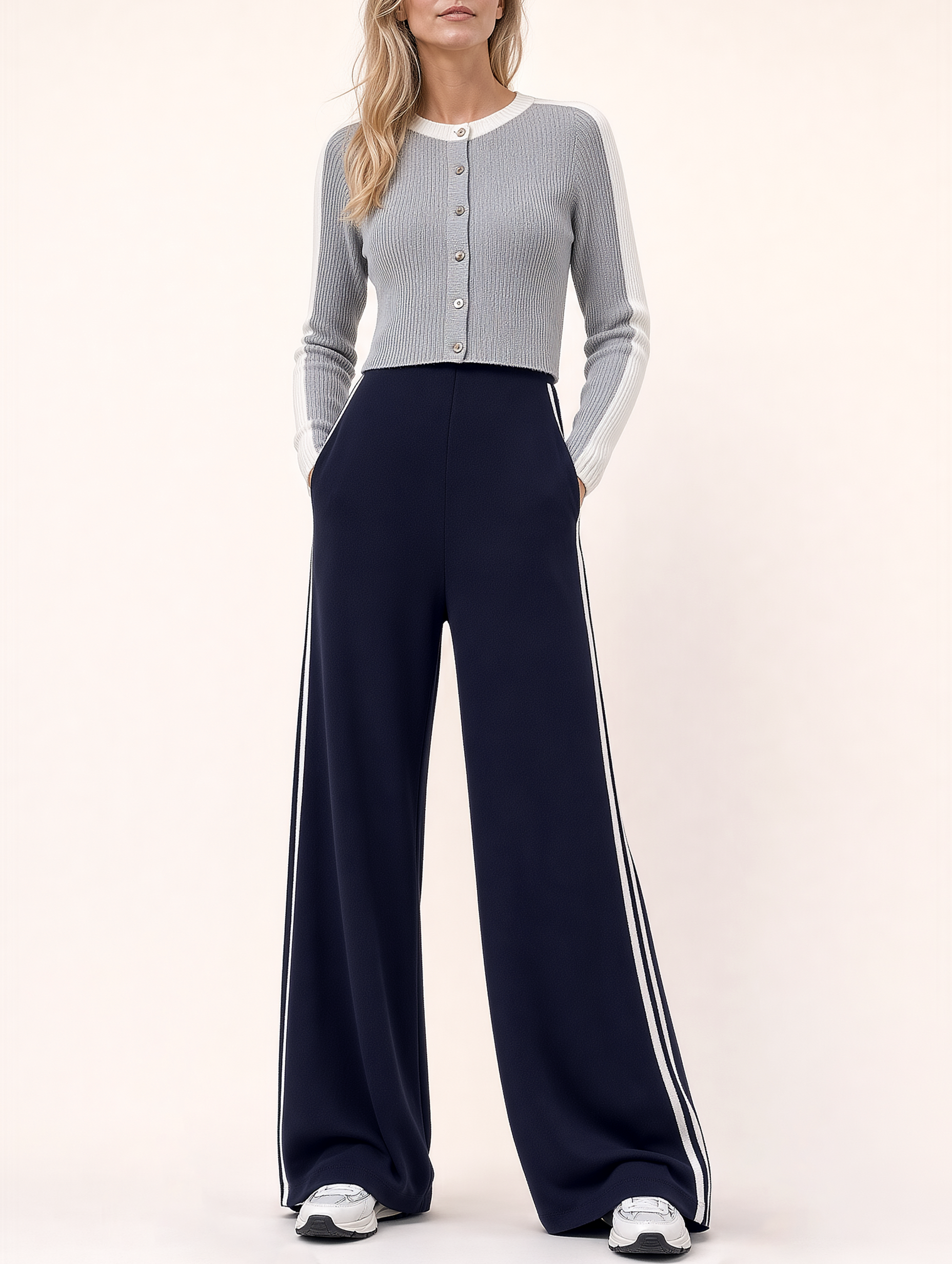 Grey Early-autumn Knit Cardigan And Navy High-waisted Trousers Set
