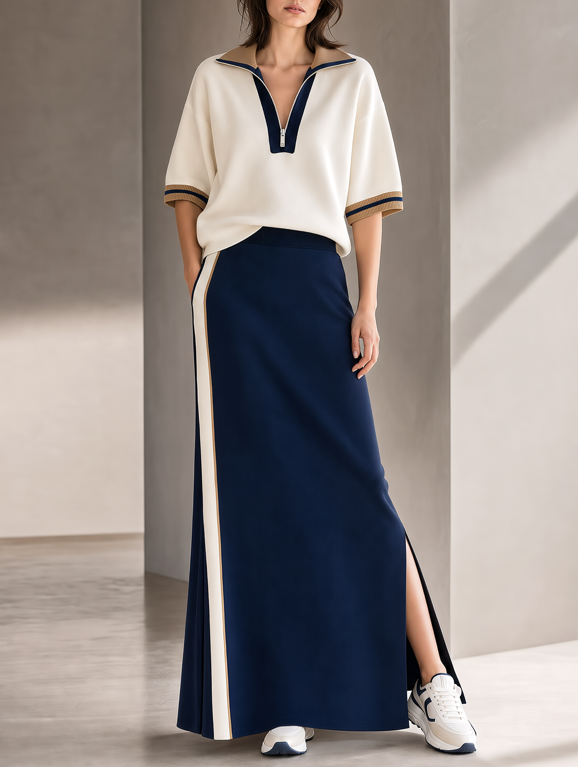 Off-white Short-sleeved Half-zip Top And Navy Blue Skirt Set