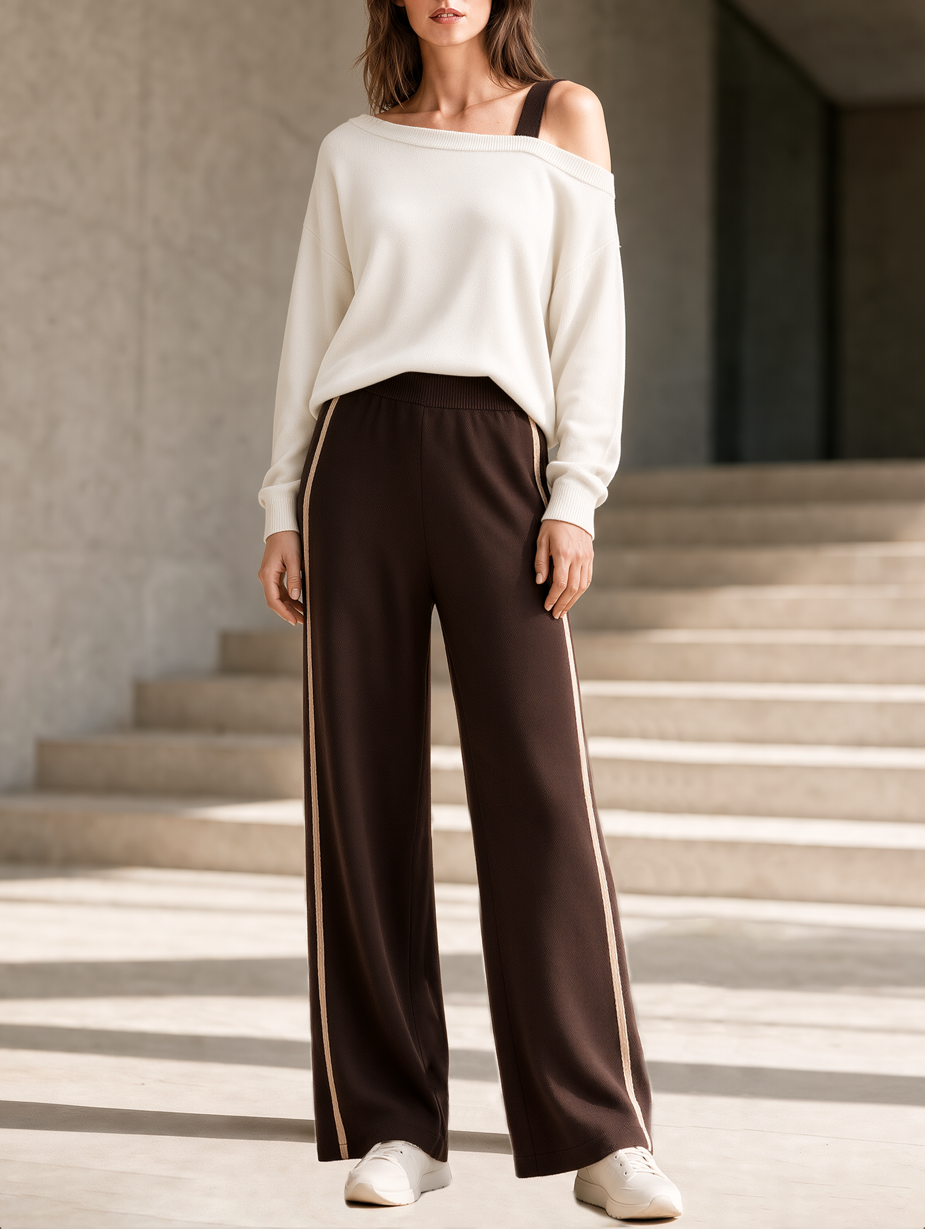 Off-white One-shoulder Knit Top And Brown Wide-leg Trousers Set