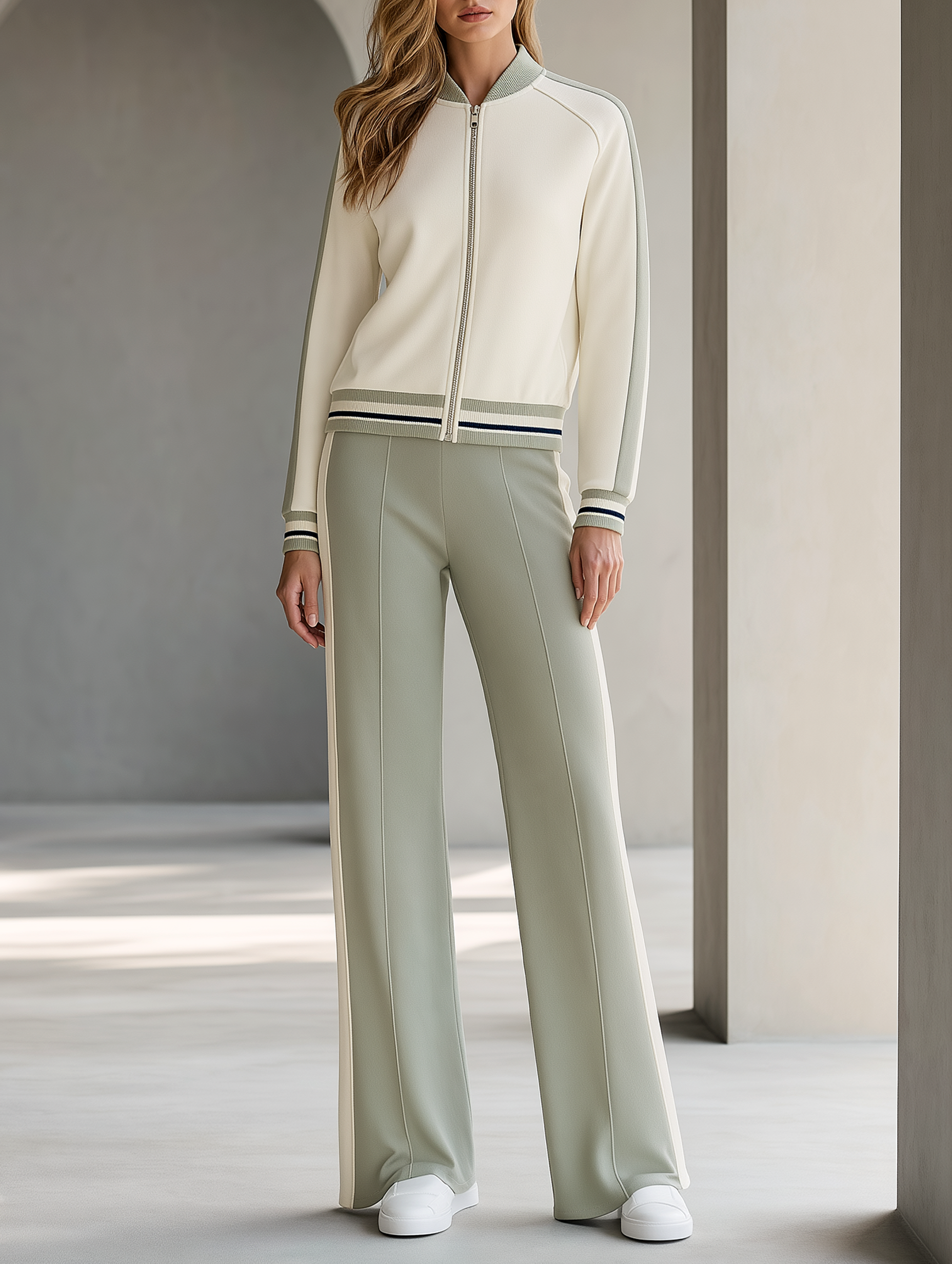 Light Green Baseball Jacket And High-waisted Flared Trousers Set