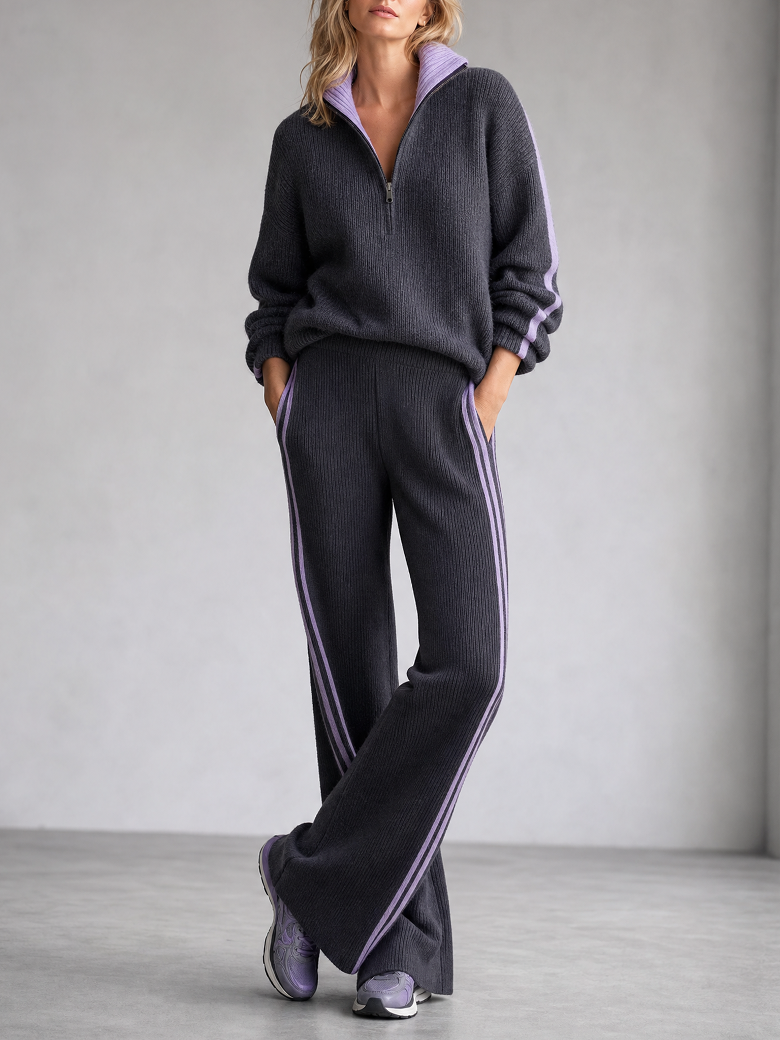 Dark Grey Half-zip Ribbed Top And Purple Striped Flared Pants Set