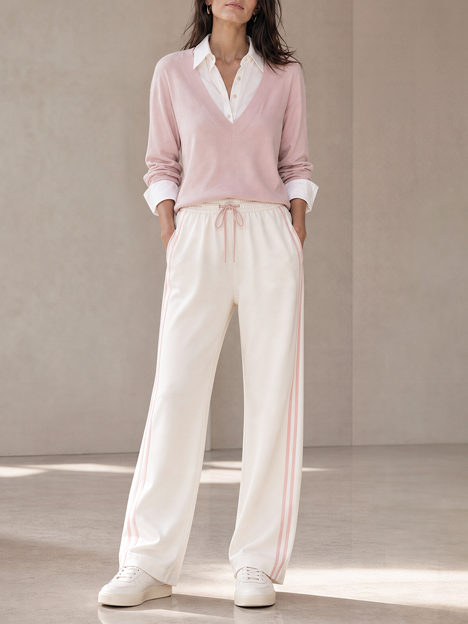 Pink Color-block Patchwork Mock Two‑Piece Sweatshirt And Side-stripe Wide-leg Pants Set