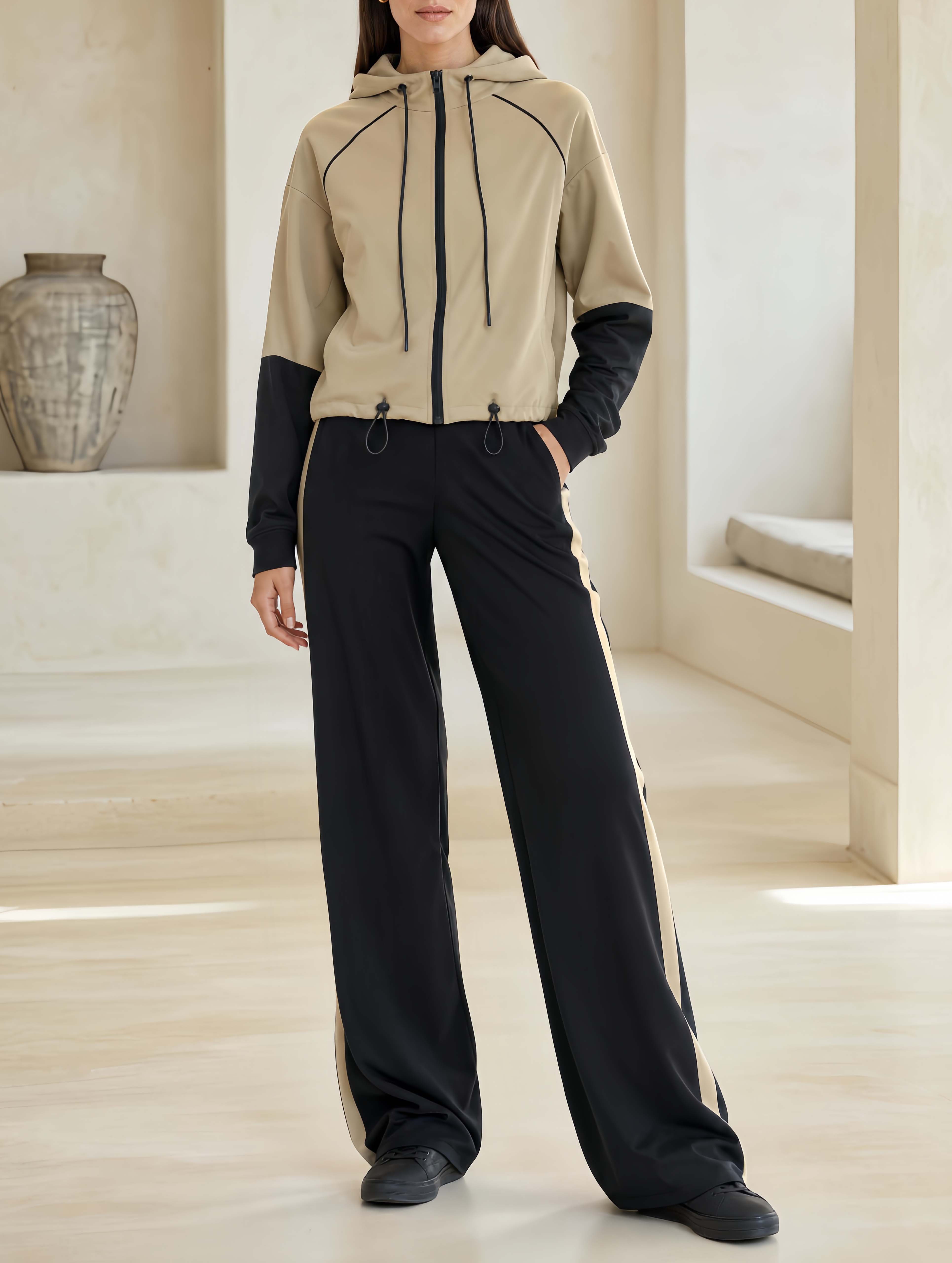 Stylish Sporty Khaki And Black Color-block Hooded Top And Trousers Casual Set