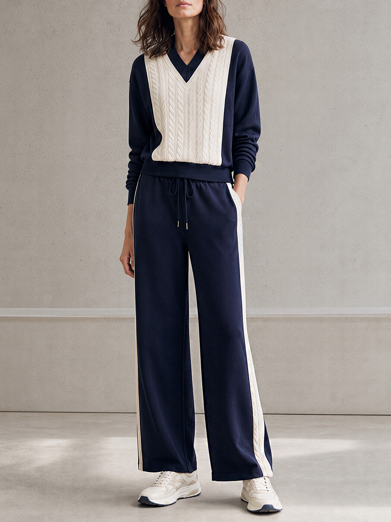 Navy Cable Knit Patchwork Mock Two‑Piece Top And Wide‑Leg Pants Set