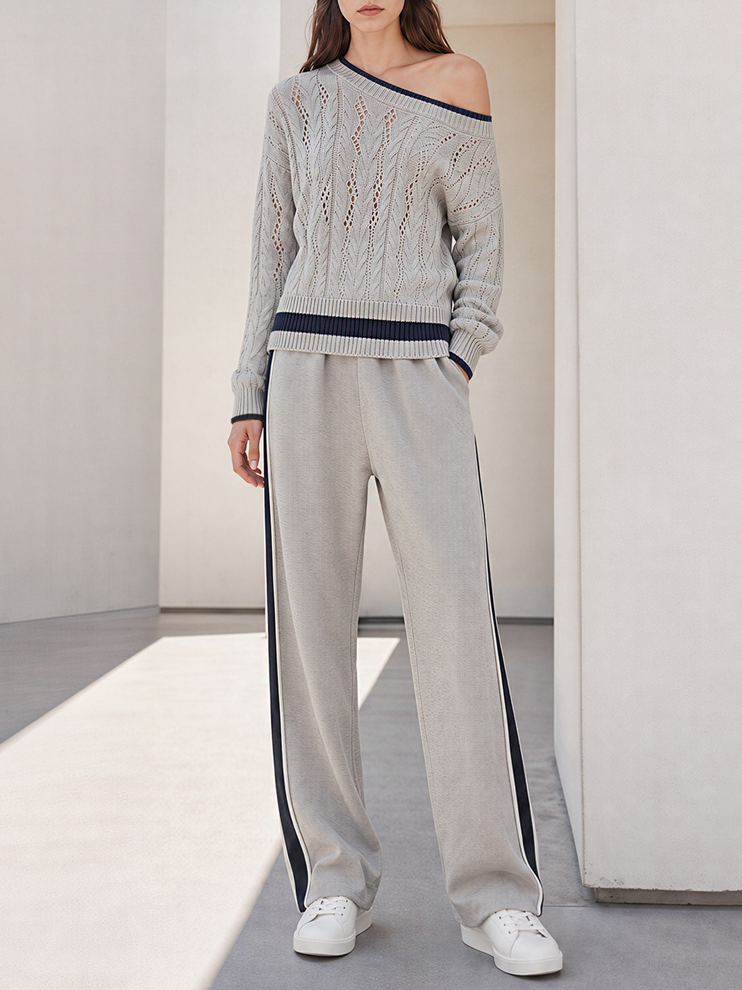 Light Grey Off-shoulder Cable-knit Cutout Sweater And Side-stripe Wide-leg Pants Set