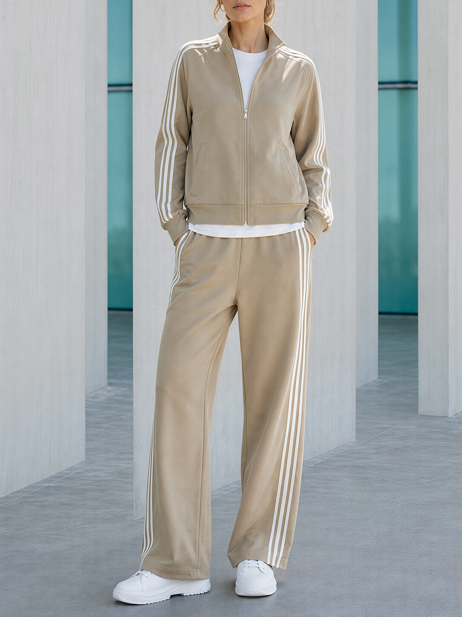 Khaki Stand-collar Full-zip Jacket And Side-stripe Wide-leg Pants Set