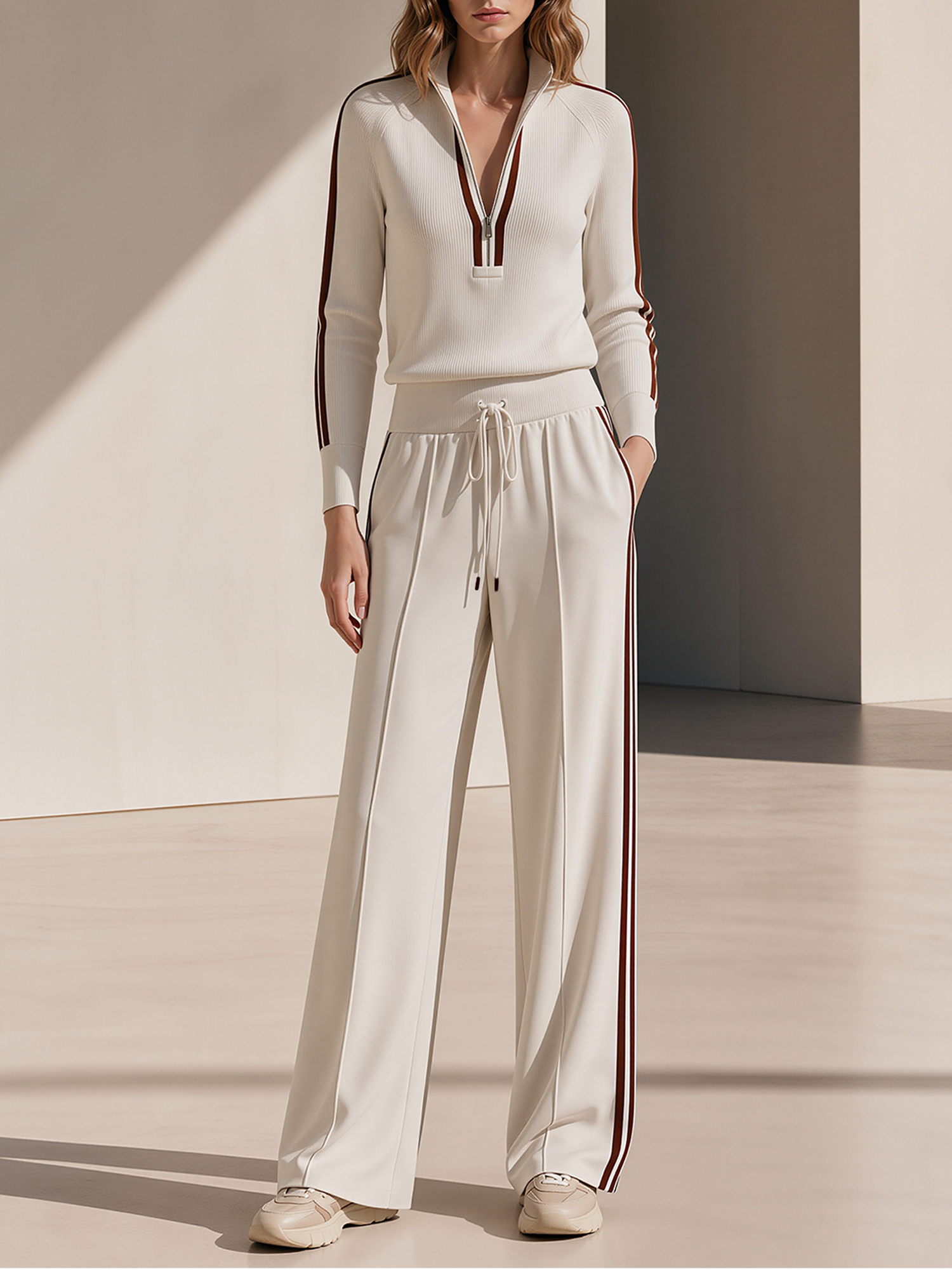 Beige Color-block Half-zip Knit Top And Side-stripe Wide-leg Casual Trousers Set