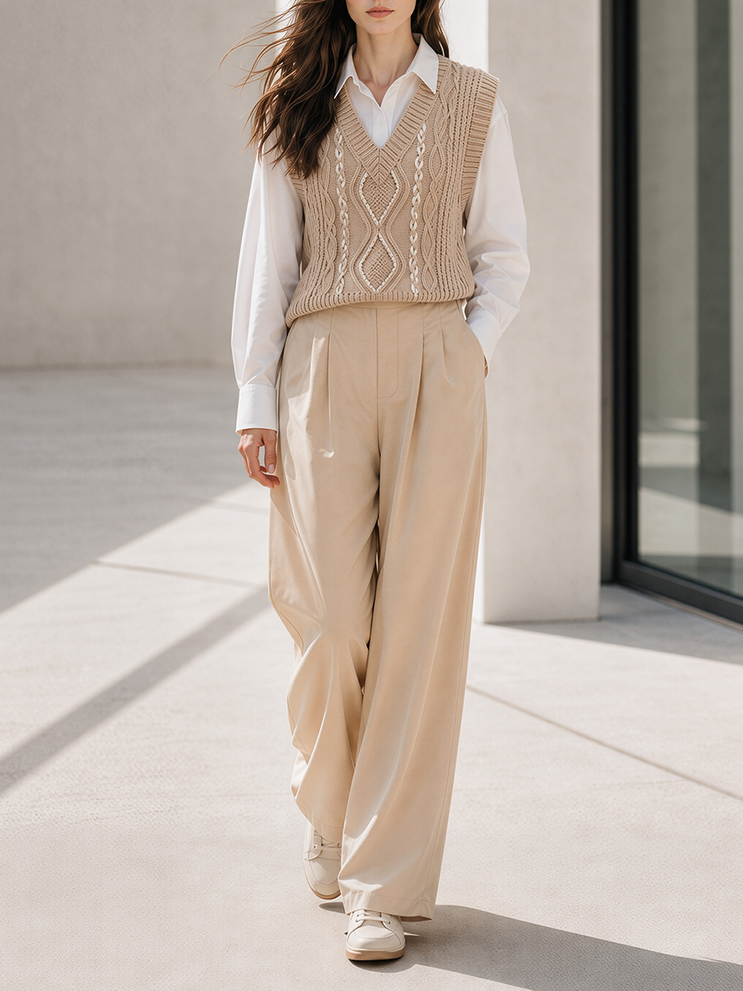 Khaki Color-block Cable-knit Vest And Casual Wide-leg Trousers Set