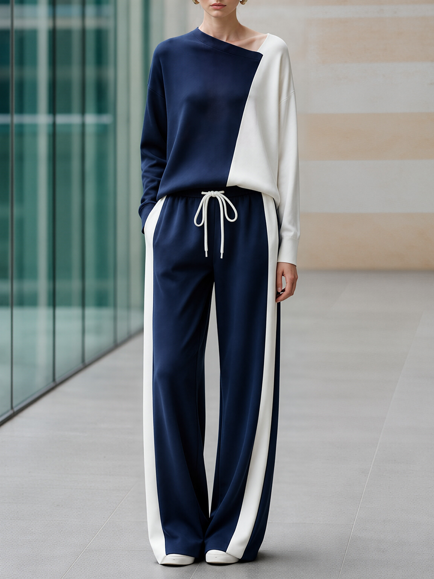 Navy Color-block Asymmetric Off-shoulder Top And Side-stripe Wide-leg Trousers Set