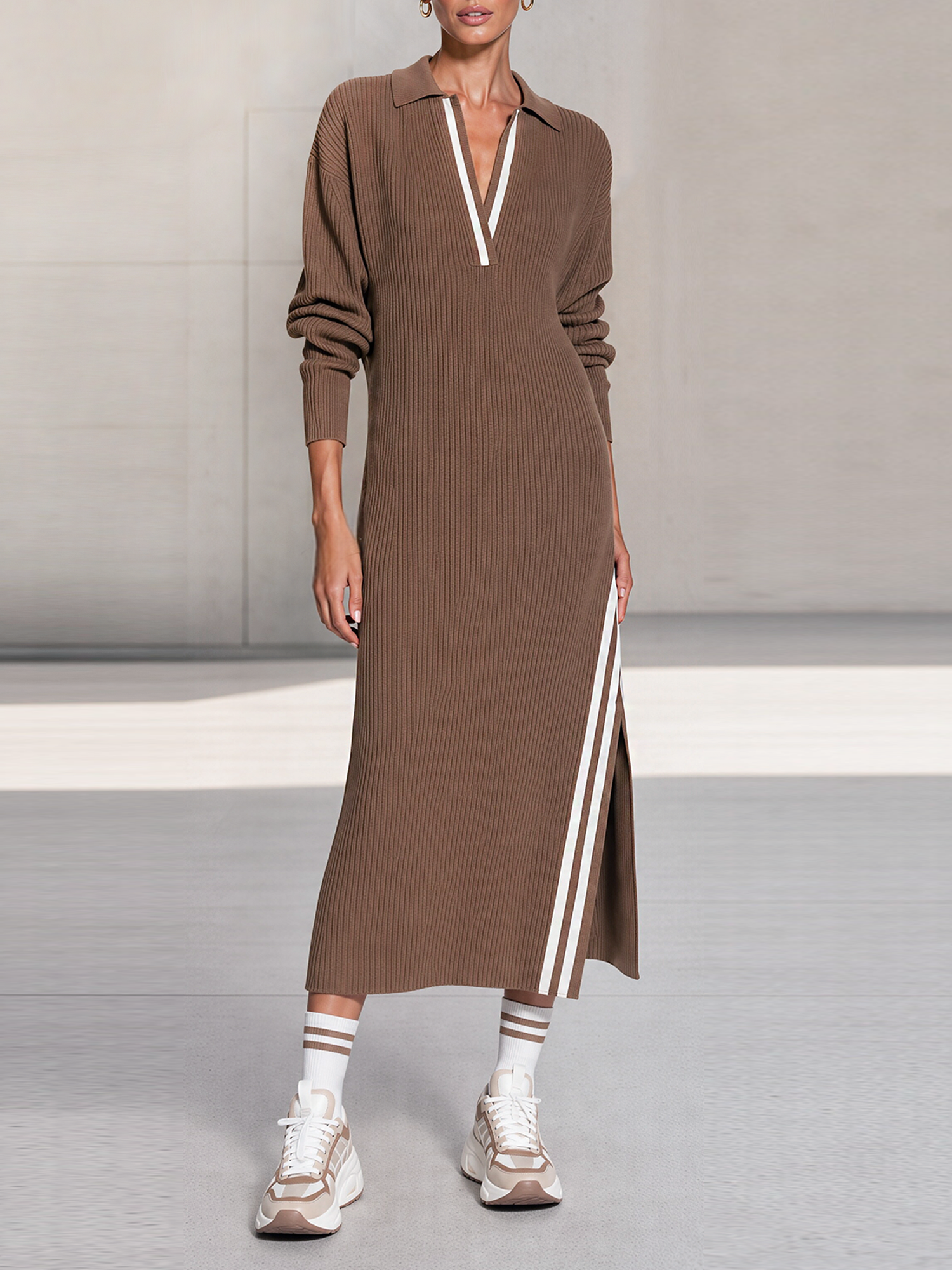 Brown Polo Collar White Trim Ribbed Knit Slit Midi Dress