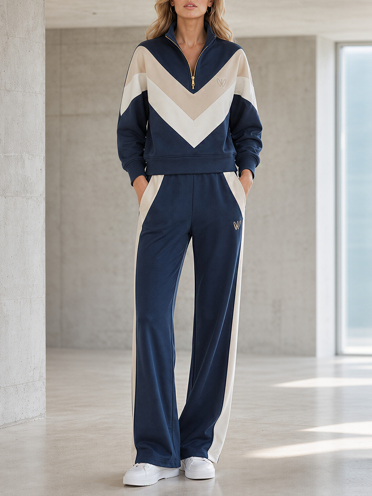 Navy Color-block Half-zip Sweatshirt And Wide-leg Pants Tracksuit