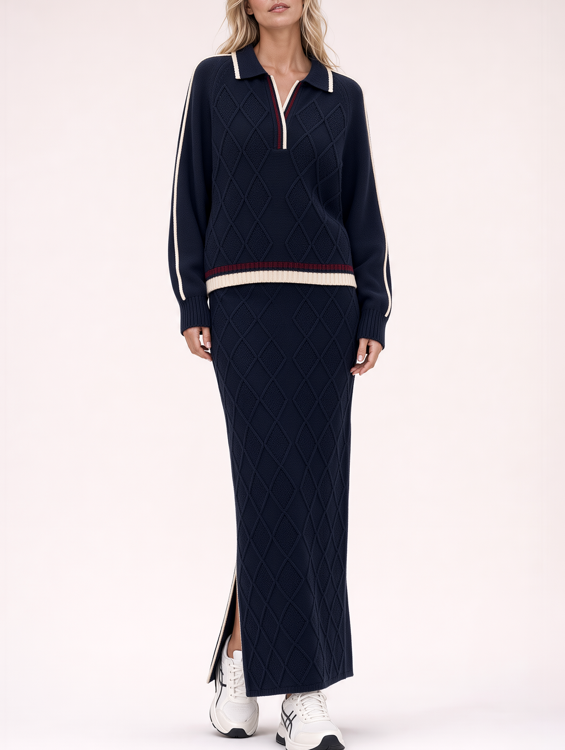 Women's Navy Argyle Knit Polo Sweater and Maxi Skirt Two-Piece Set