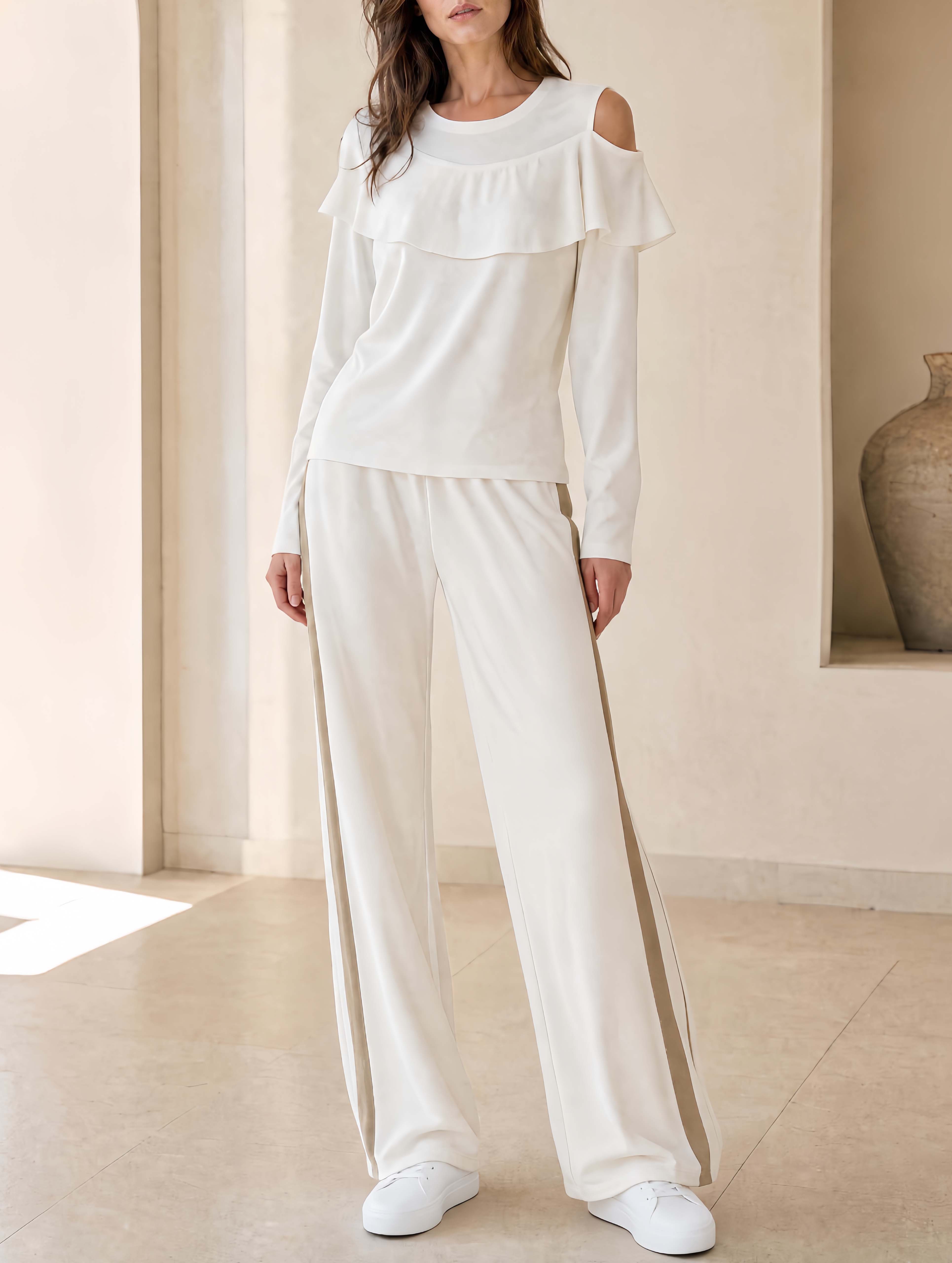 Stylish And Casual White Off-the-shoulder Long-sleeve Top And Trousers Set