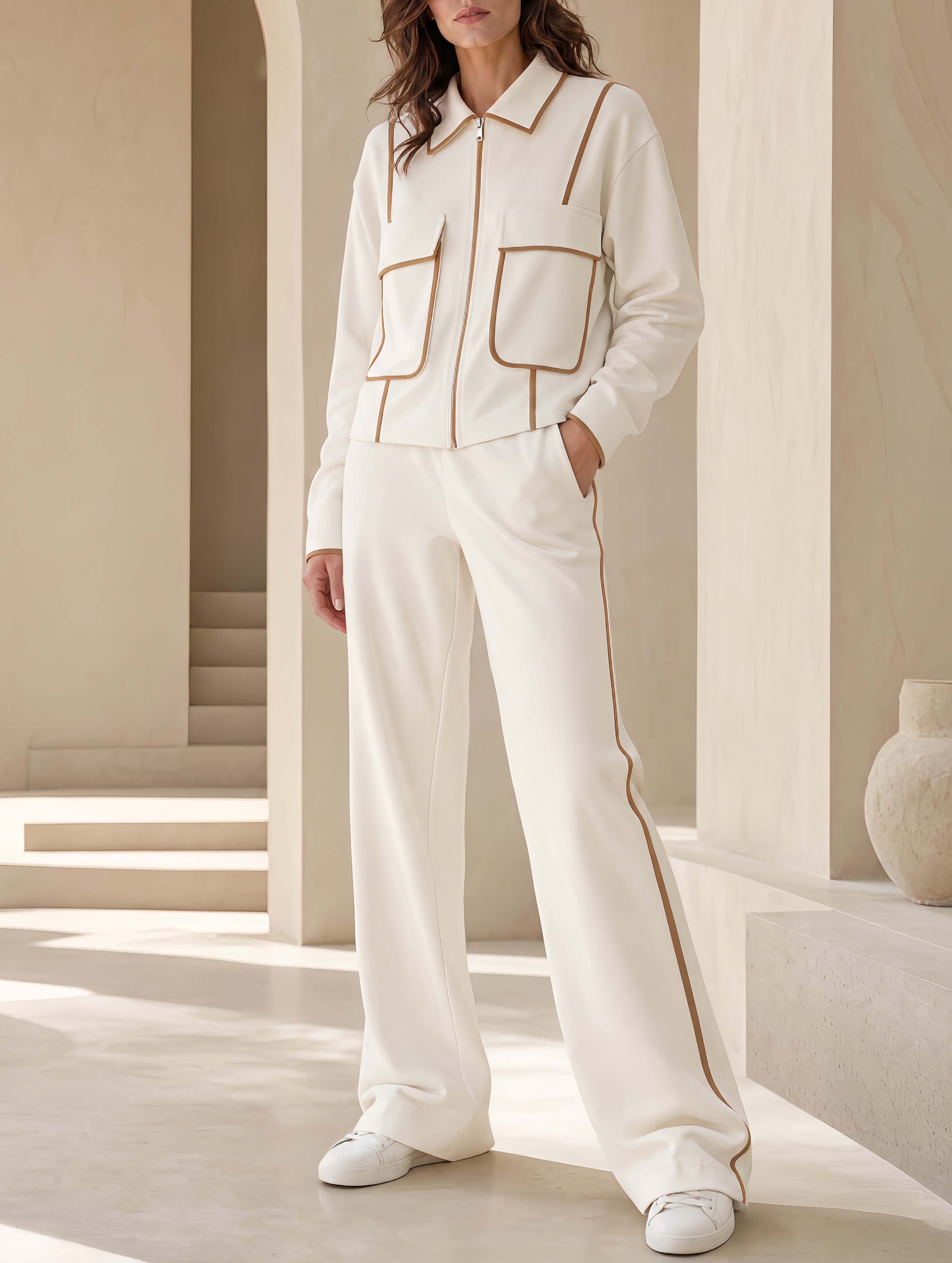 Stylish And Casual White Long-sleeved Jacket And Trousers Set