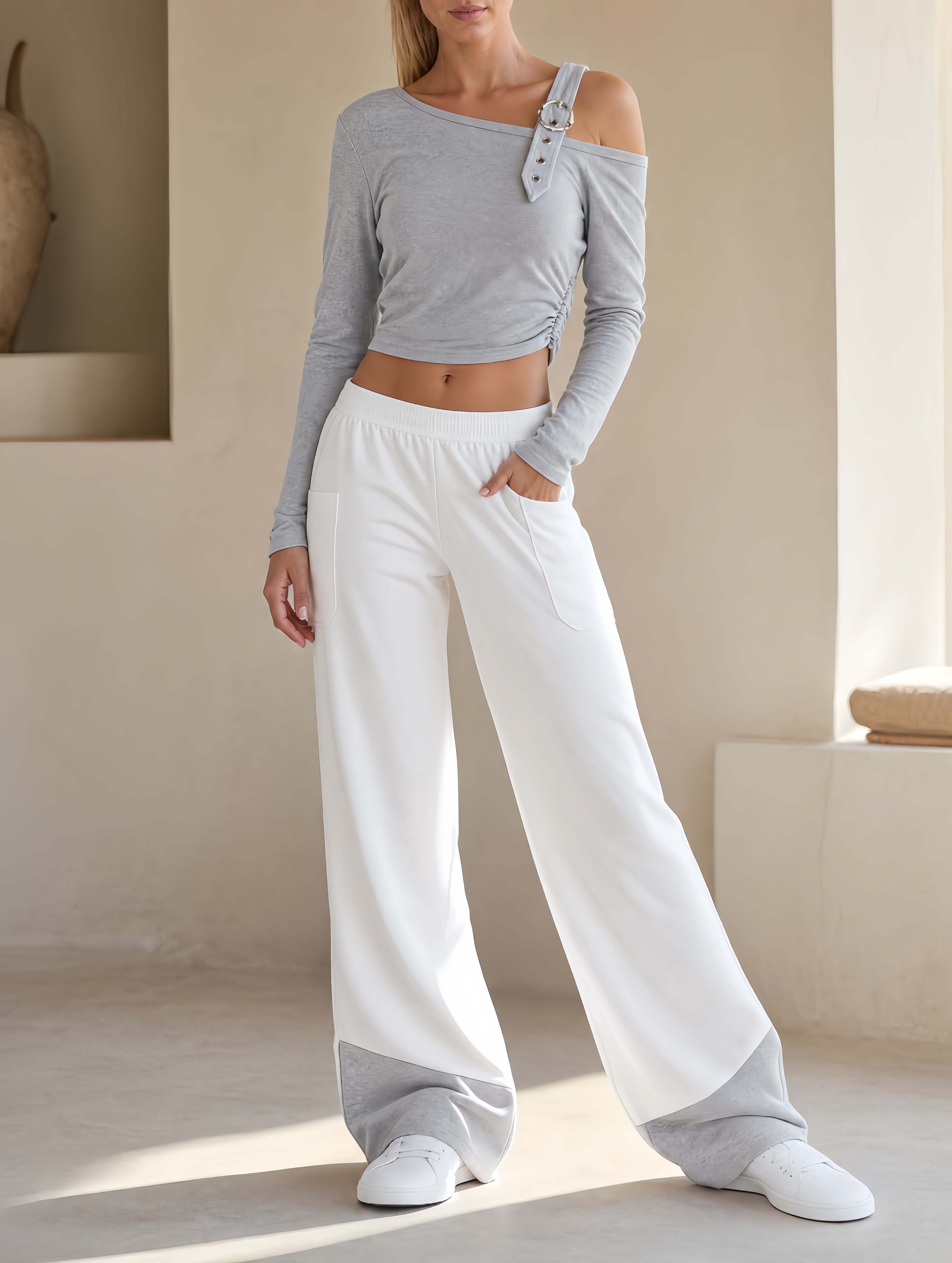Grey Off-the-shoulder Long-sleeve Top And Color-block Trousers Set In A Sporty-chic Style