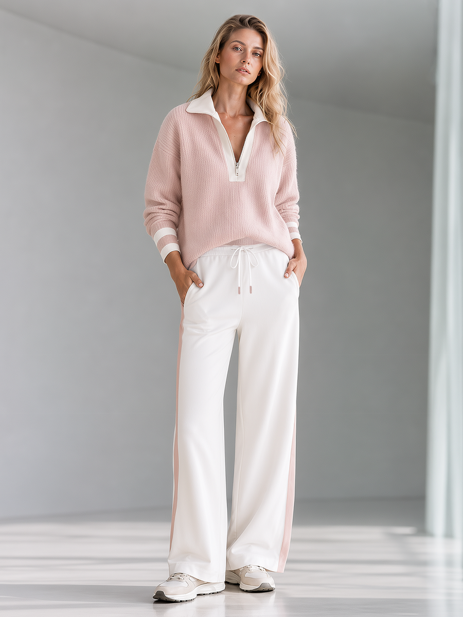 Stylish and versatile pink color-block half-zip collared sweater