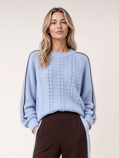 Women's Blue Textured Bubble-Knit Crew-Neck Sweater