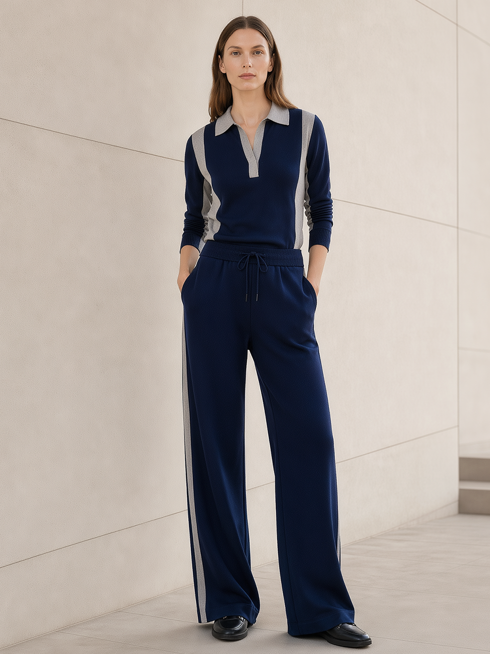 Knit polo with wide leg trousers casual business casual outfit
