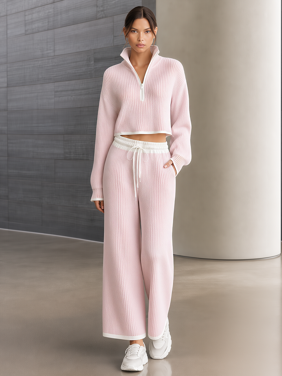 Pink Color-block Cropped Half-zip Mock-neck Knit Top And Wide-leg Pants Set