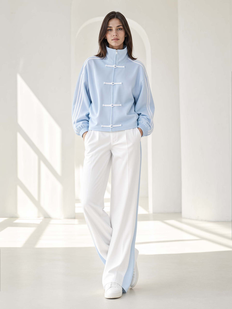 Stylish Light Blue Mandarin-collar Top With Decorative Buttons And White Trousers Set