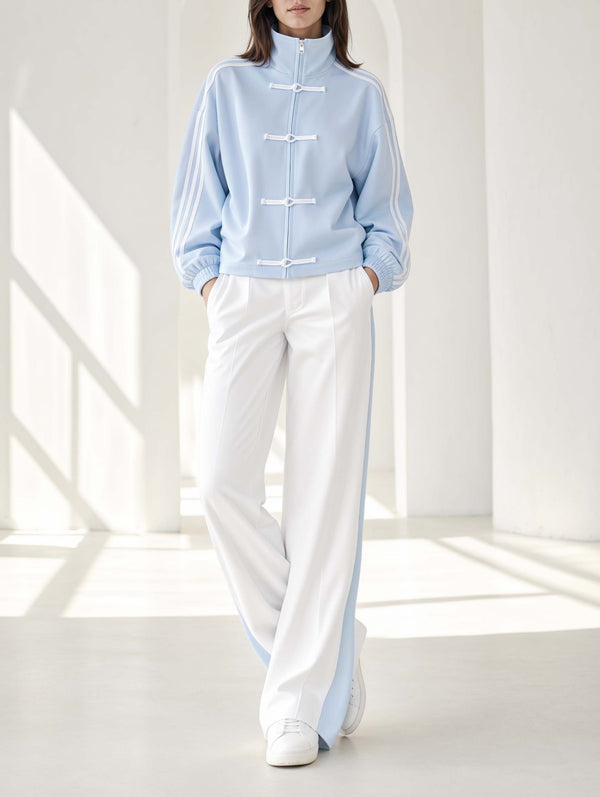 Stylish Light Blue Mandarin-collar Top With Decorative Buttons And White Trousers Set