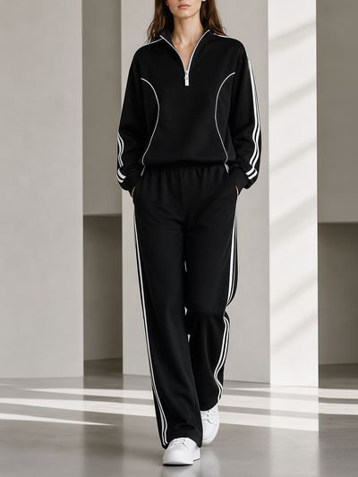 Black Color-Block Striped Loose Casual Sportswear Set With Half-Zip Stand Collar