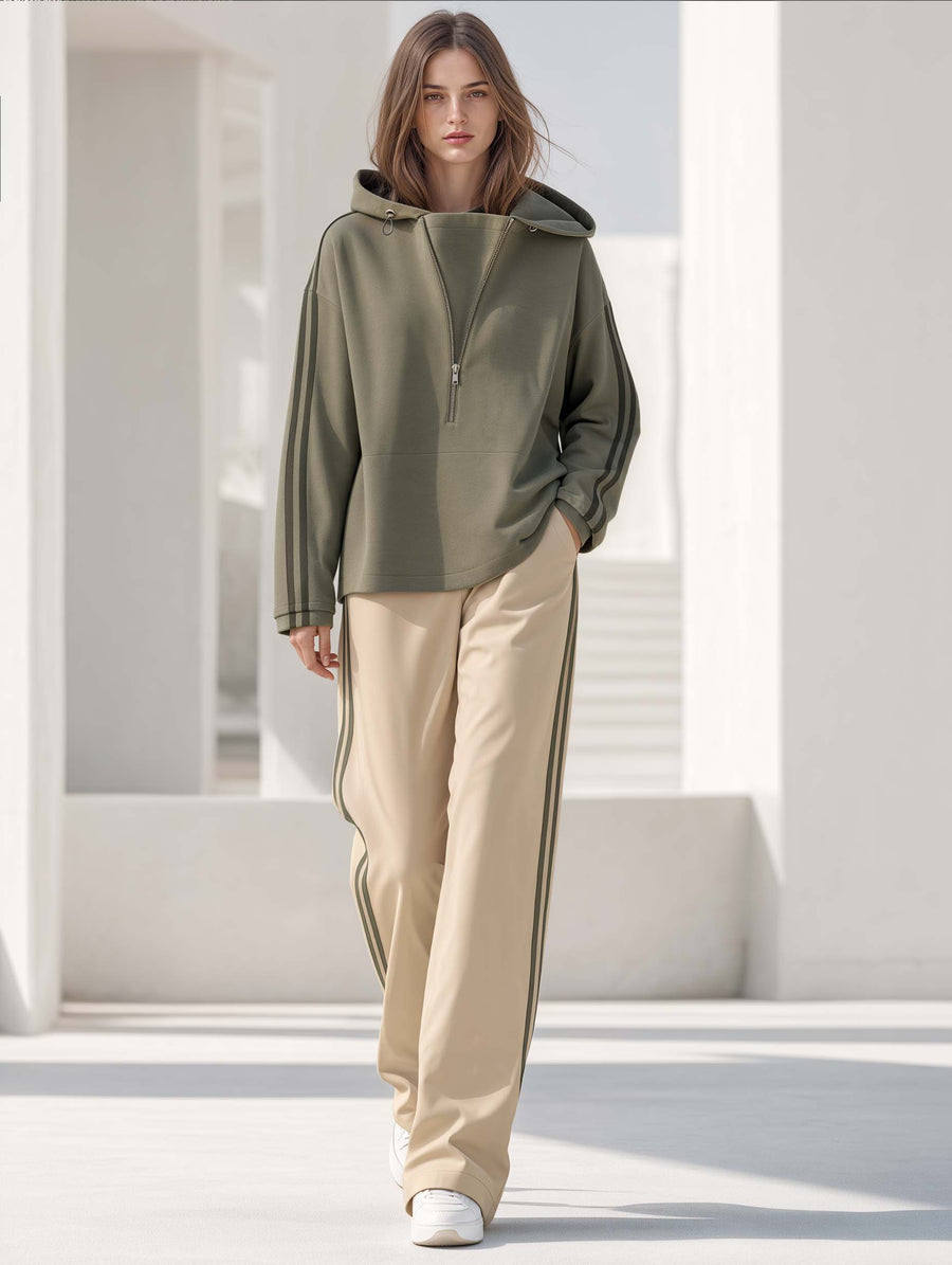 Stylish Set Featuring A Khaki-green Long-sleeve Hoodie With A Half-zip Collar And Khaki Trousers