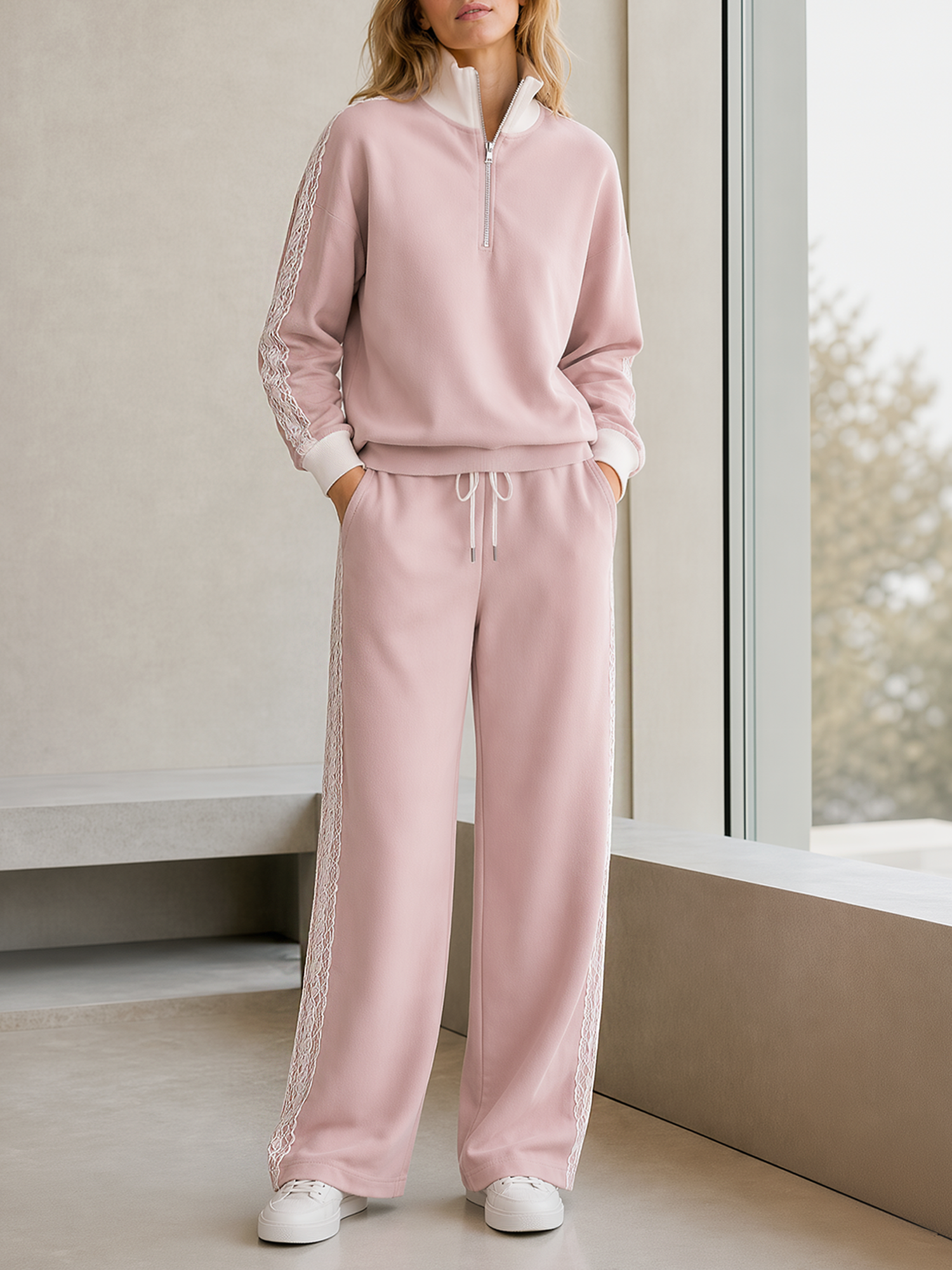 Dusty Pink Color-block Lace-panel Top With Half-zip Stand Collar And Matching Trousers Set.
