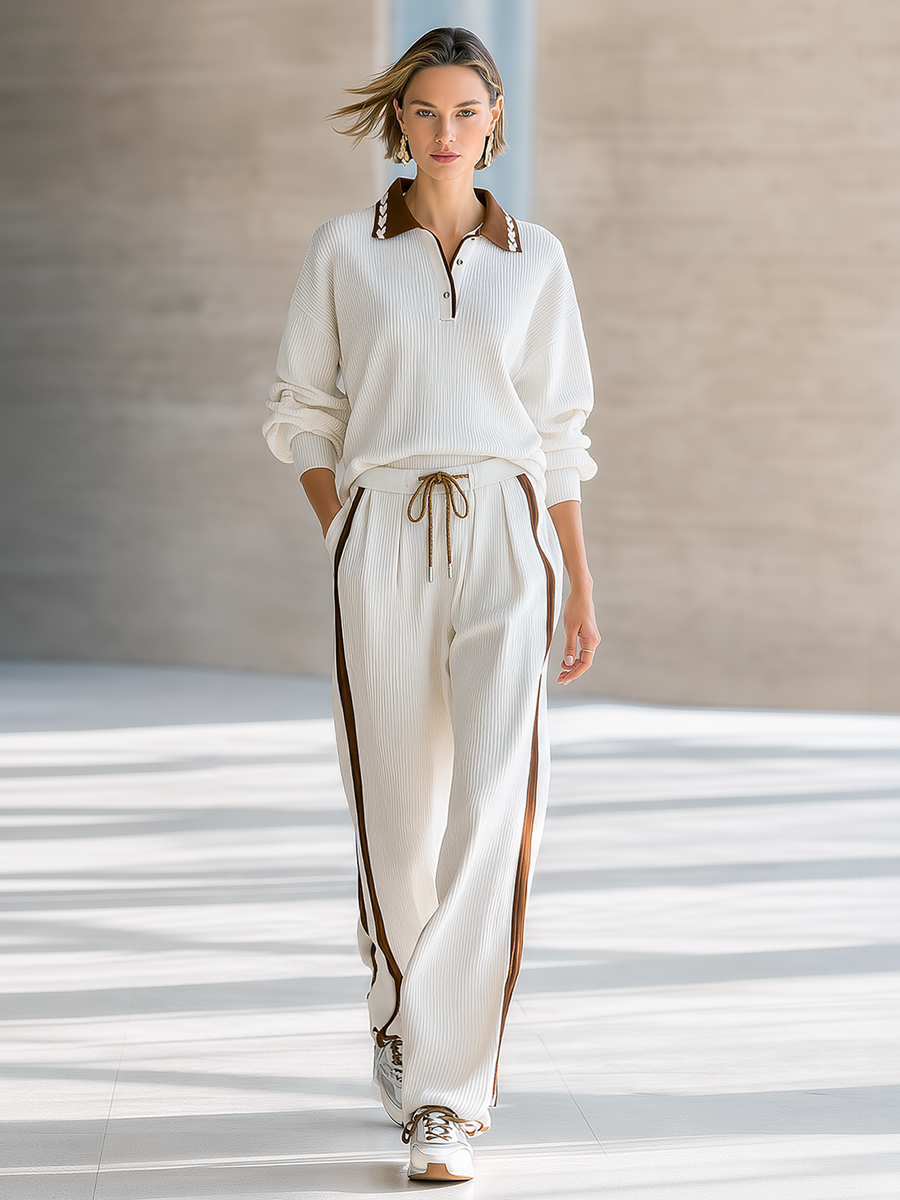 Off-white Ribbed Polo Top With Contrasting Collar And Side-stripe Wide-leg Trousers Set