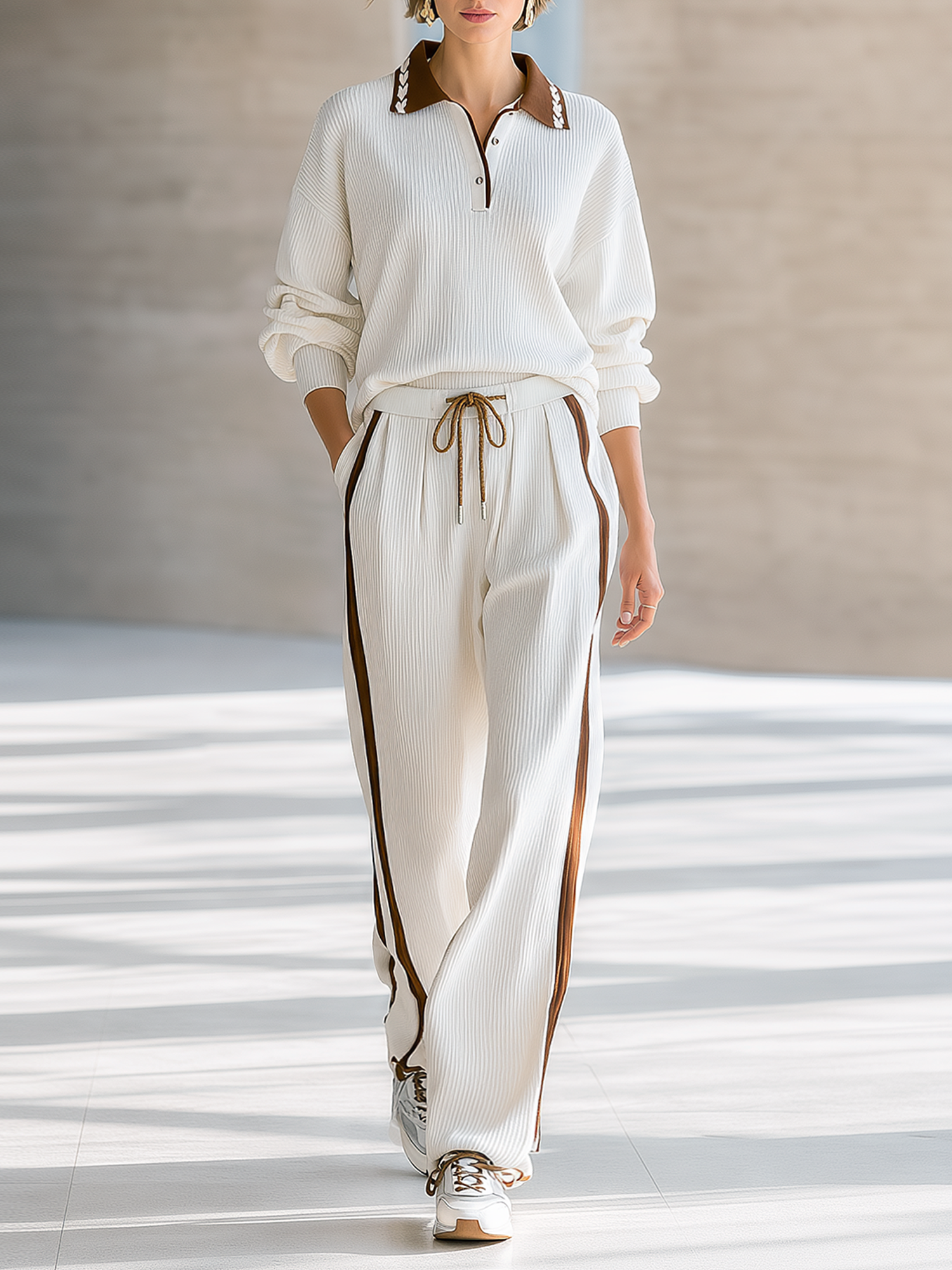 Off-white Ribbed Polo Top With Contrasting Collar And Side-stripe Wide-leg Trousers Set
