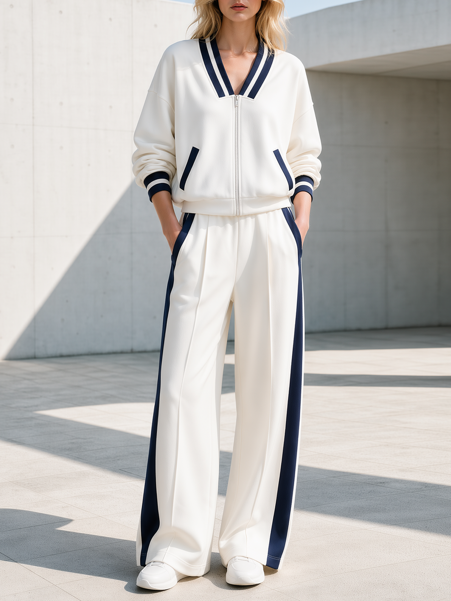 Off-white Color-block V-neck Jacket And Navy Wide-leg Trousers Set With Side Stripes