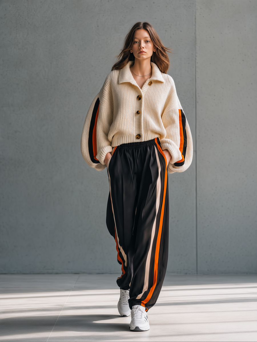 Cream Knit Cardigan & Black Side-Stripe Jogger Pants Set