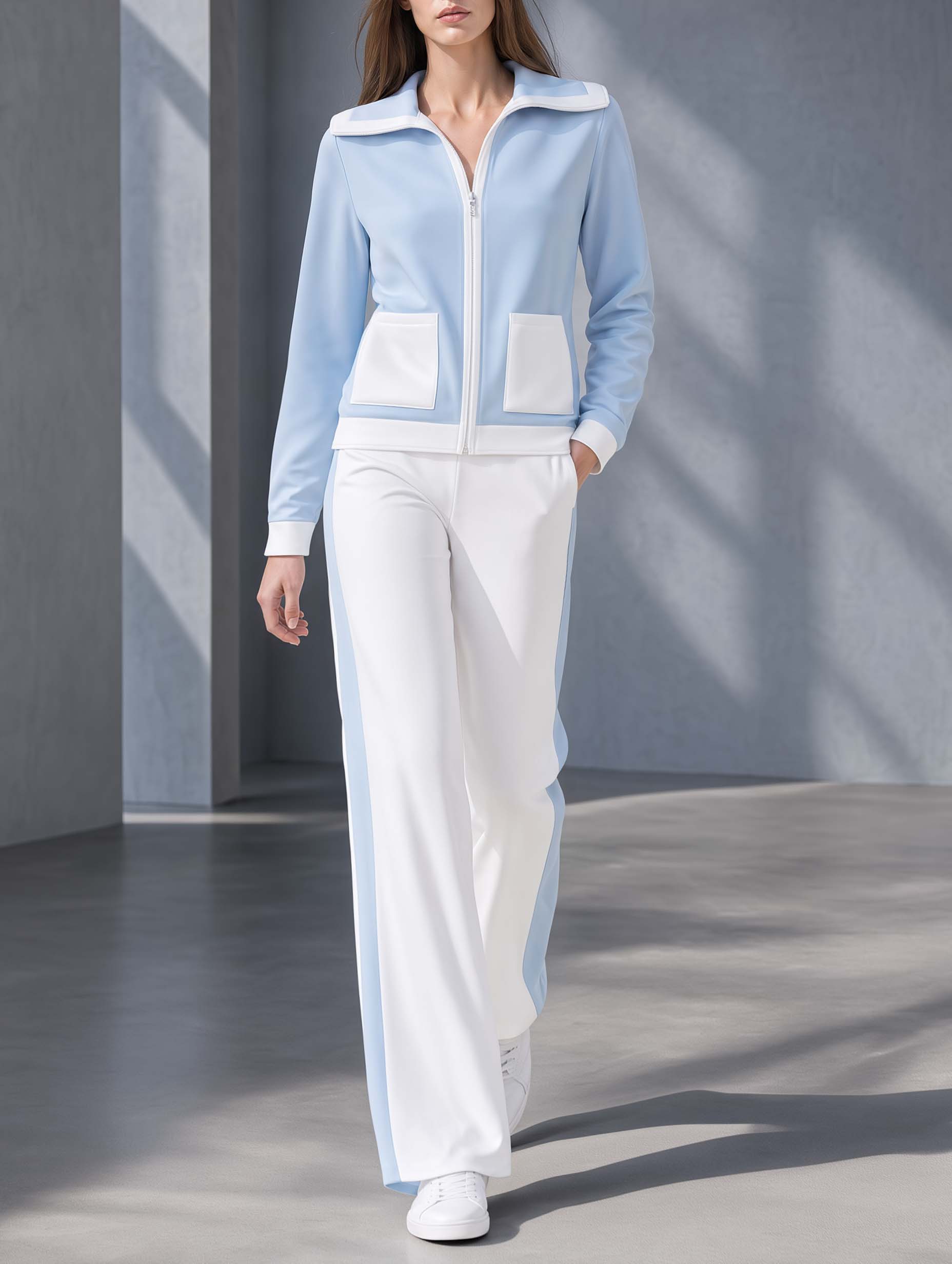 Light Blue Collared Long-sleeve Jacket And White Wide-leg Trousers Set